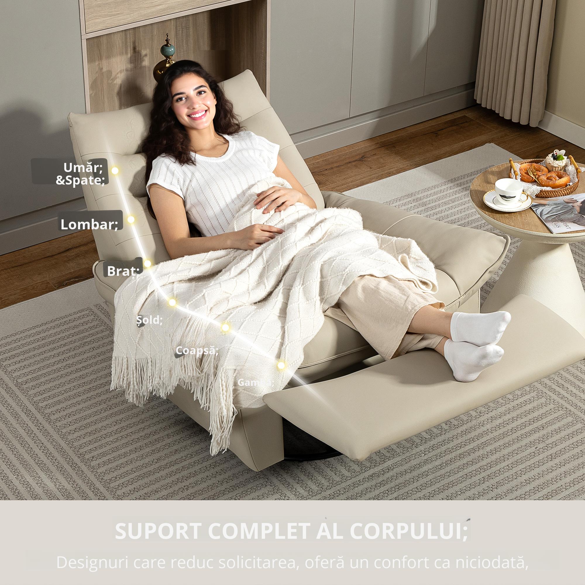  Fotoliu Relax Reclinabil Manual cu Suport pentru Picioare si Baza Rotativa Fara Brate, Crem [3]