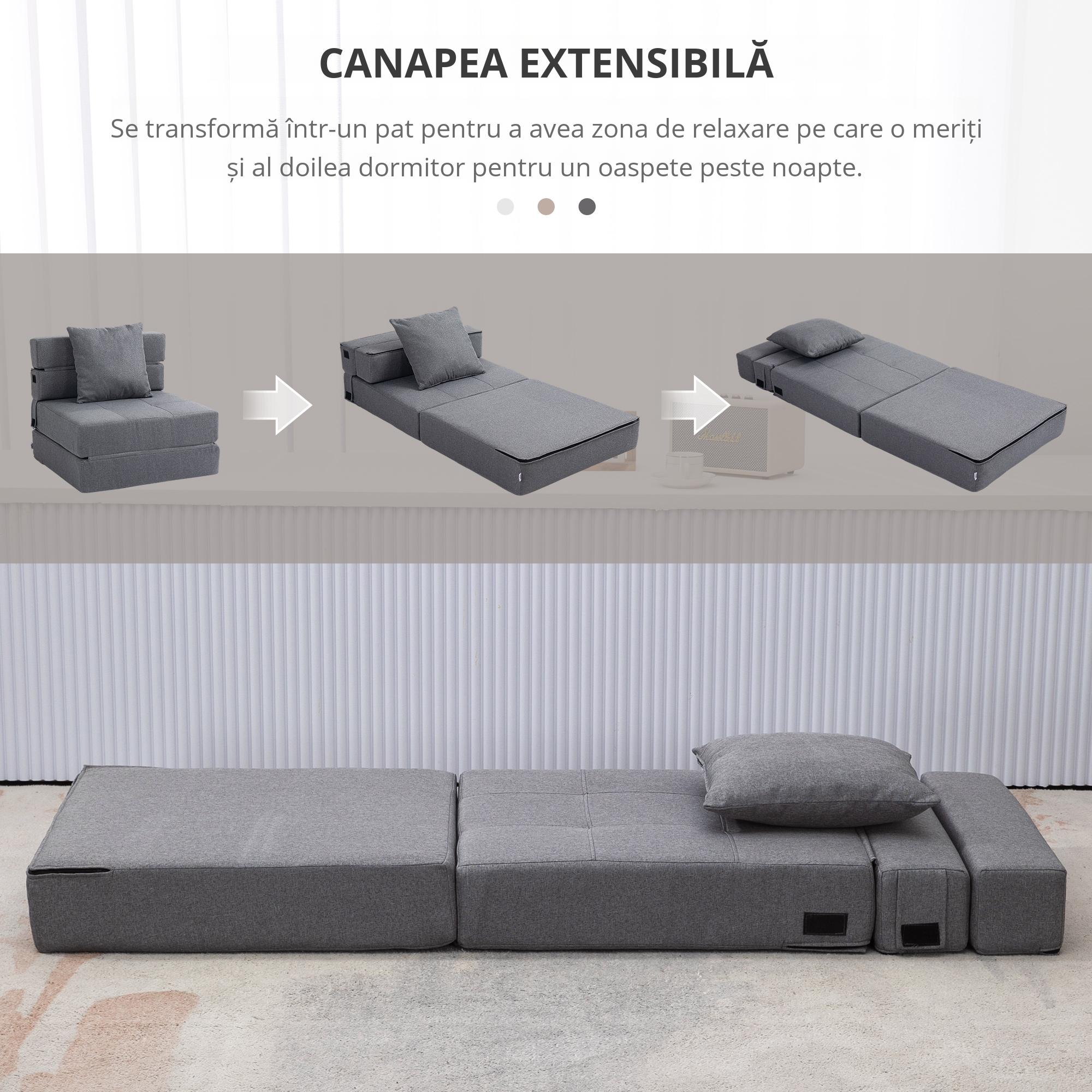  Fotoliu Pliabil Convertibil in Pat Single cu Perna Inclusa, 70x70x61 cm, Gri [6]