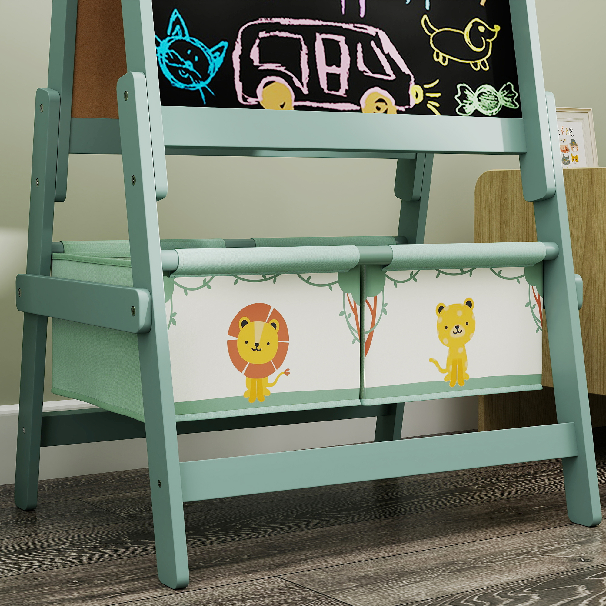 Caballete 3 En 1 Para Niños AIYAPLAY – Pizarra De Doble Cara Con Rollo De Papel Y 2 Cestas, Marco De Madera Natural 58x50,5x109 Cm, Ideal Para Dibujo Y Creatividad De 3 A 6 Años