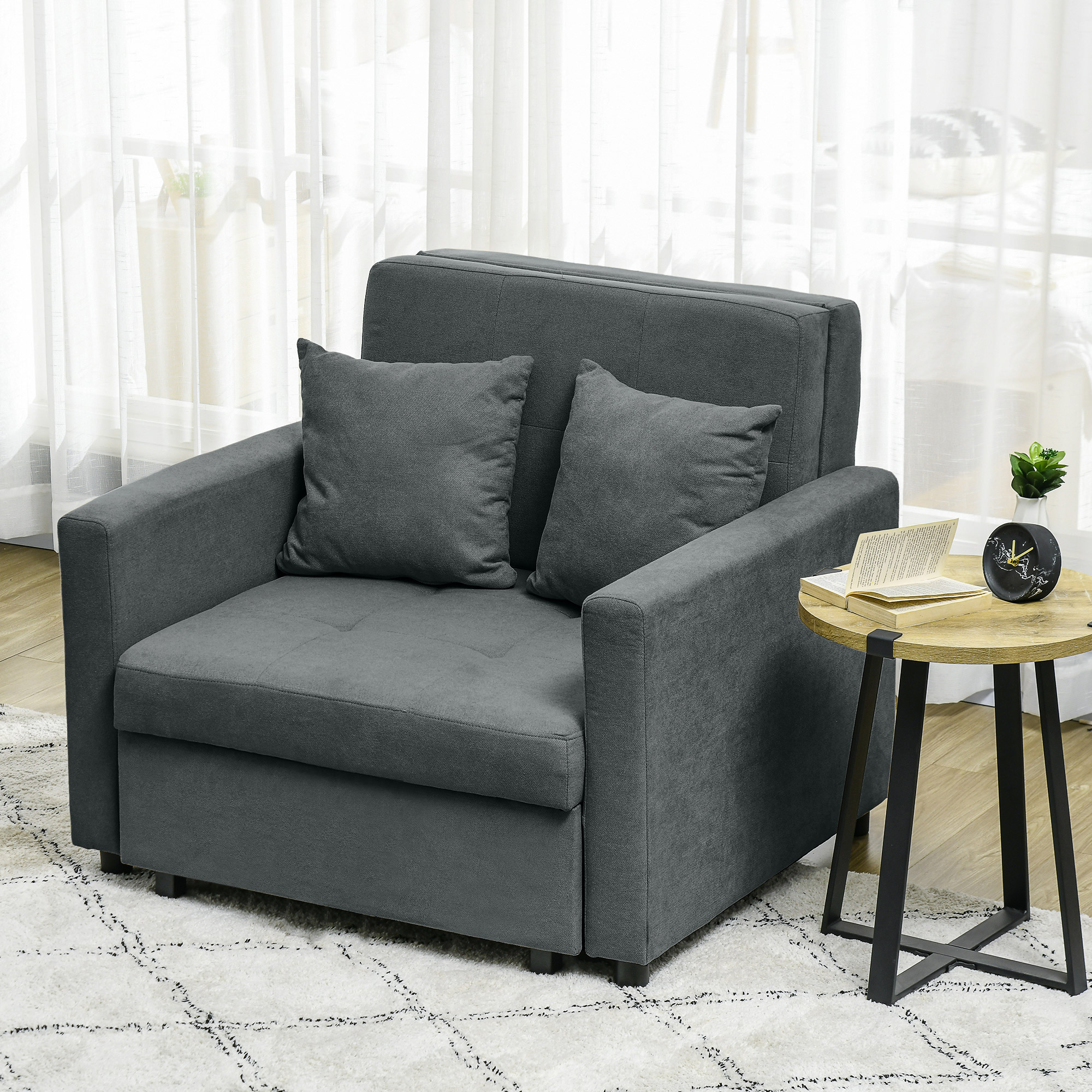  Poltrona Letto in Tessuto Effetto Velluto Grigio con 2 Cuscini e Spazio Contenitore, 100x98x88 cm [1]