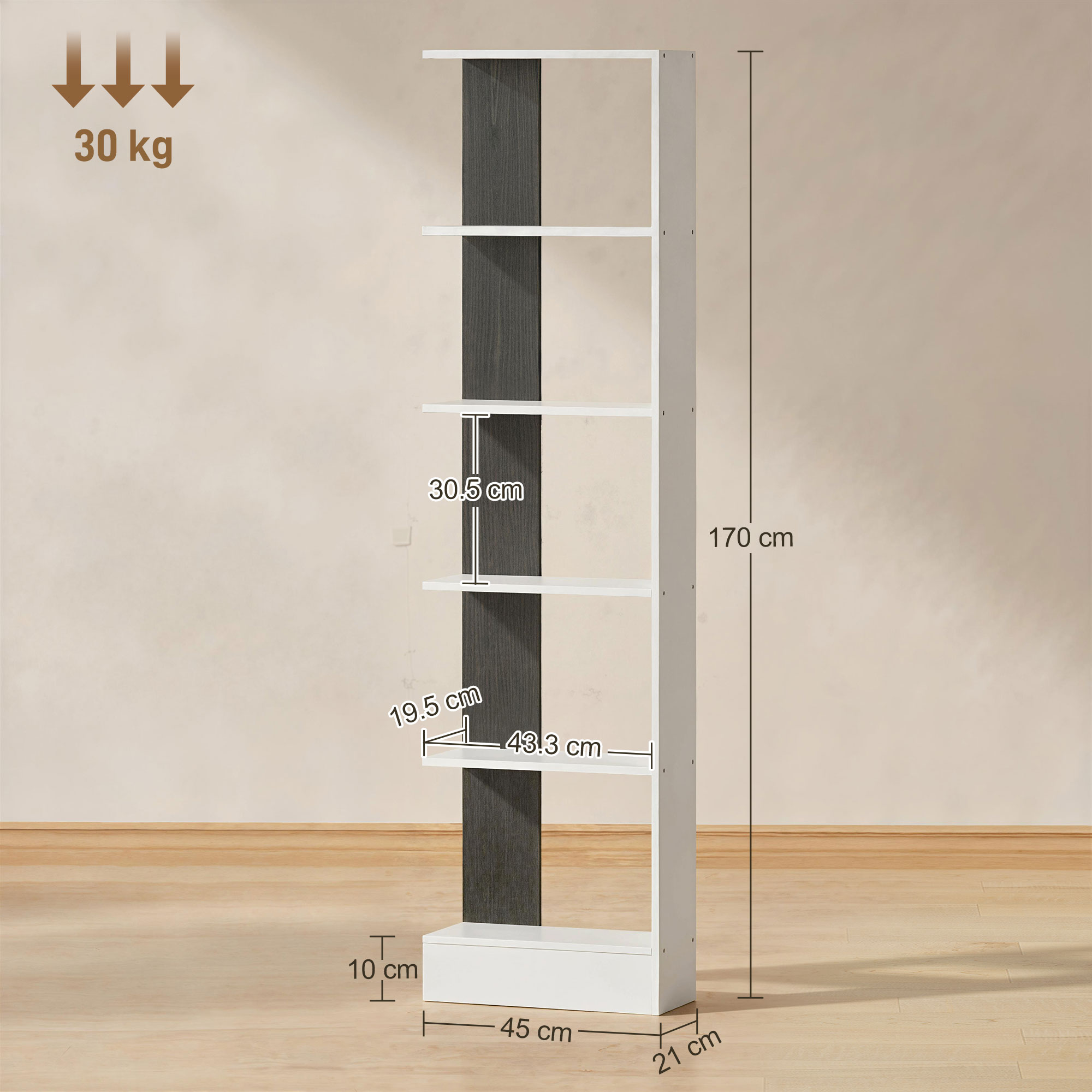  Raft ingust cu 5 Etajere, Raft Economisitor de Spatiu Modern din Lemn, Biblioteca pentru Baie, Living, Dormitor, Birou, 45x21x170 cm, Alb si Negru [2]