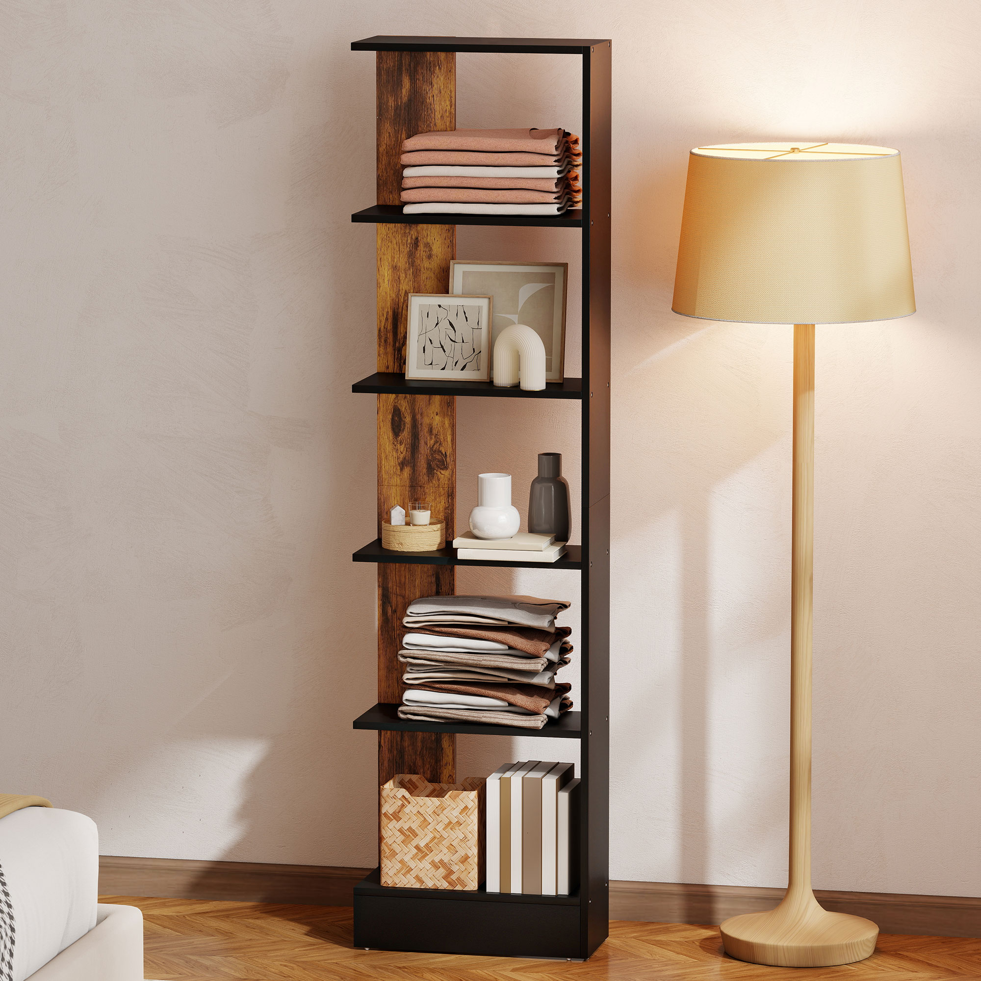  Raft ingust cu 5 Etajere, Raft Economisitor de Spatiu Modern din Lemn, Biblioteca pentru Baie, Living, Dormitor, Birou, 45x21x170 cm, Maro Rustic [8]