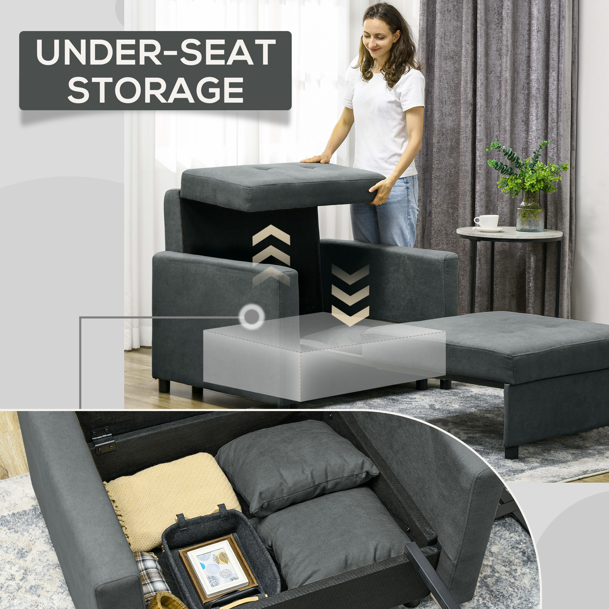  Poltrona Letto in Tessuto Effetto Velluto Grigio con 2 Cuscini e Spazio Contenitore, 100x98x88 cm [5]