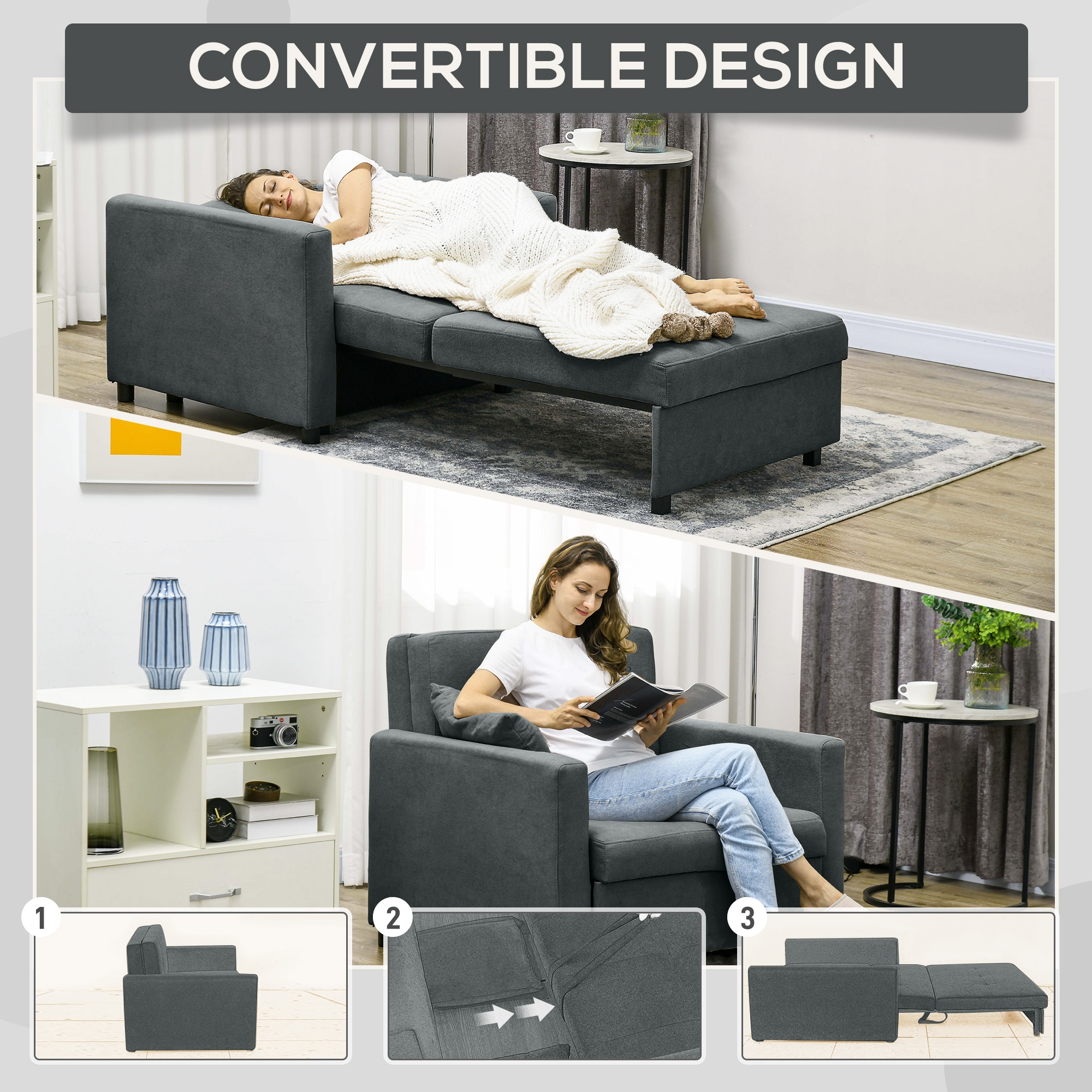  Poltrona Letto in Tessuto Effetto Velluto Grigio con 2 Cuscini e Spazio Contenitore, 100x98x88 cm [3]