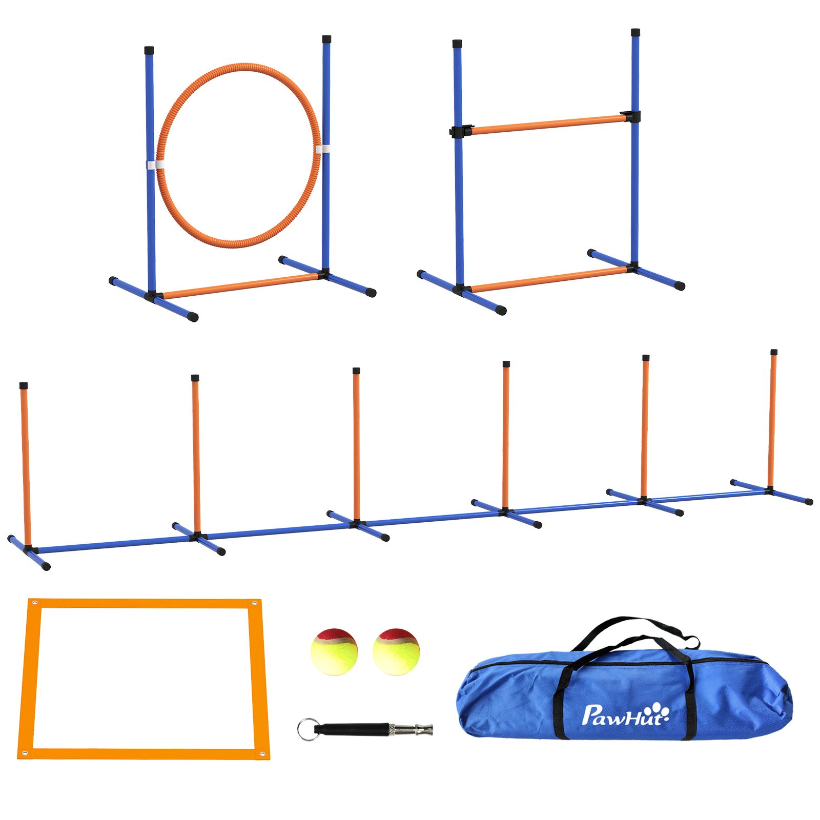 PawHut Zestaw Agility dla Psów, 1 Pierścień, 1 Przeszkoda, 1 Zestaw Slalomowy, 352 cm x 66 cm x 69 cm, Niebieski + Czerwony
