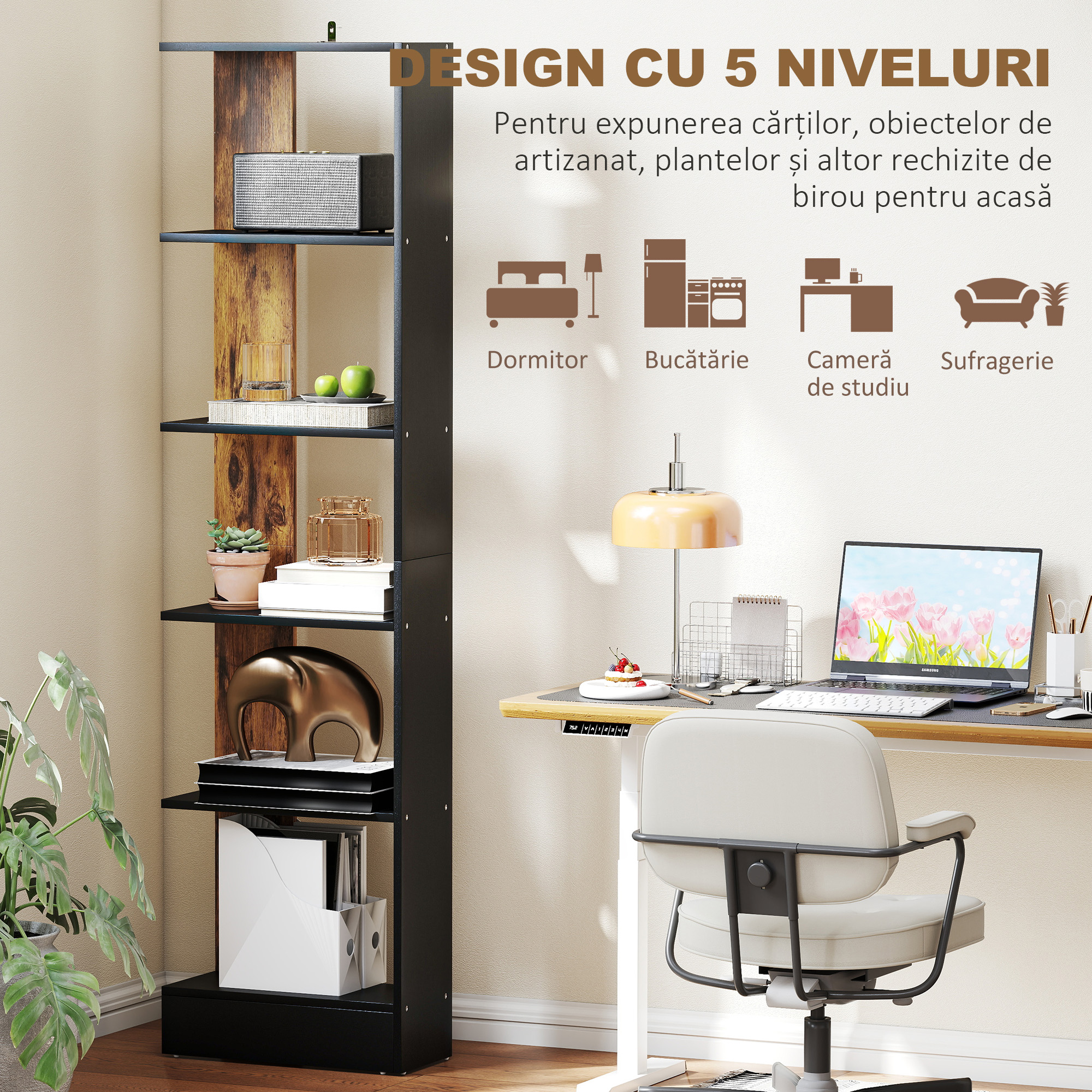  Raft ingust cu 5 Etajere, Raft Economisitor de Spatiu Modern din Lemn, Biblioteca pentru Baie, Living, Dormitor, Birou, 45x21x170 cm, Maro Rustic [5]