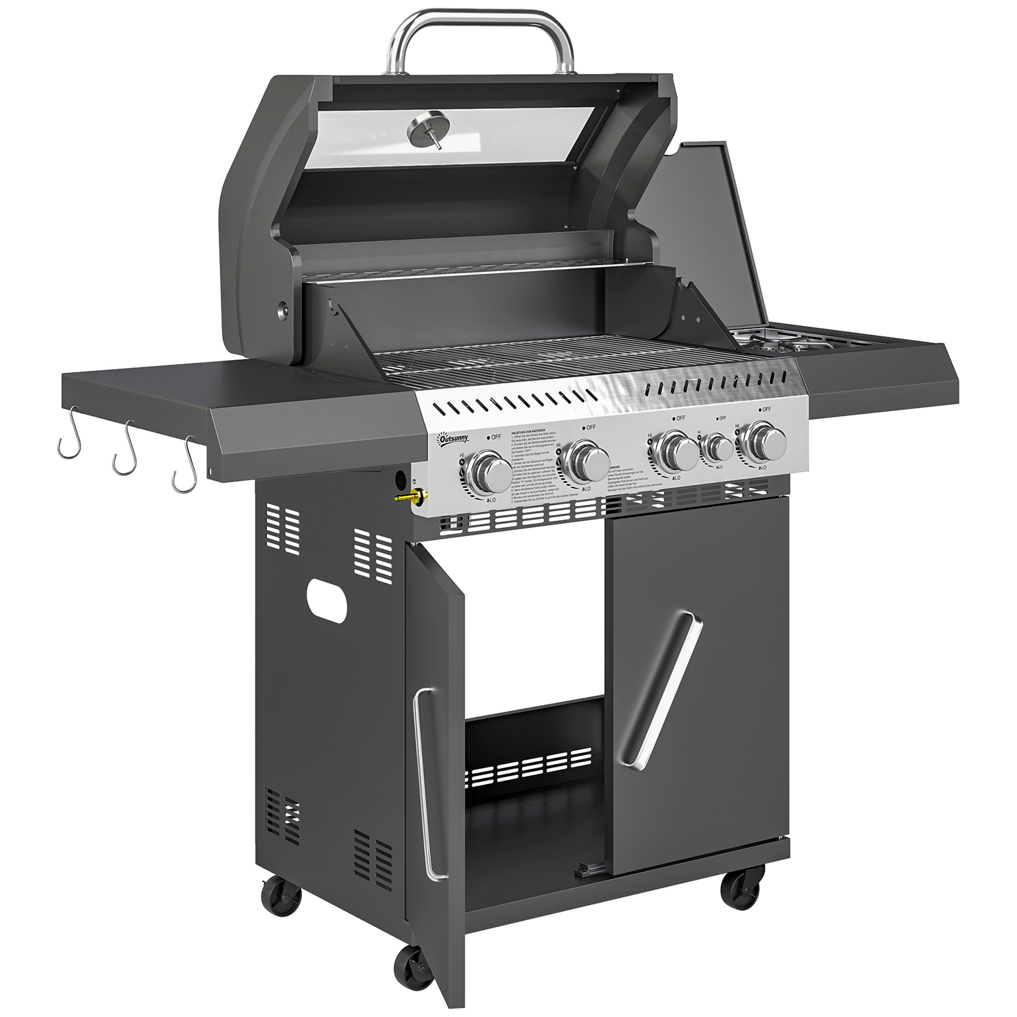 Outsunny Grill gazowy 12 KW na wózku z 5 palnikami bocznym palnikiem kółkami pokrywą termometrem bocznymi półkami 135 x 54 x 110 cm