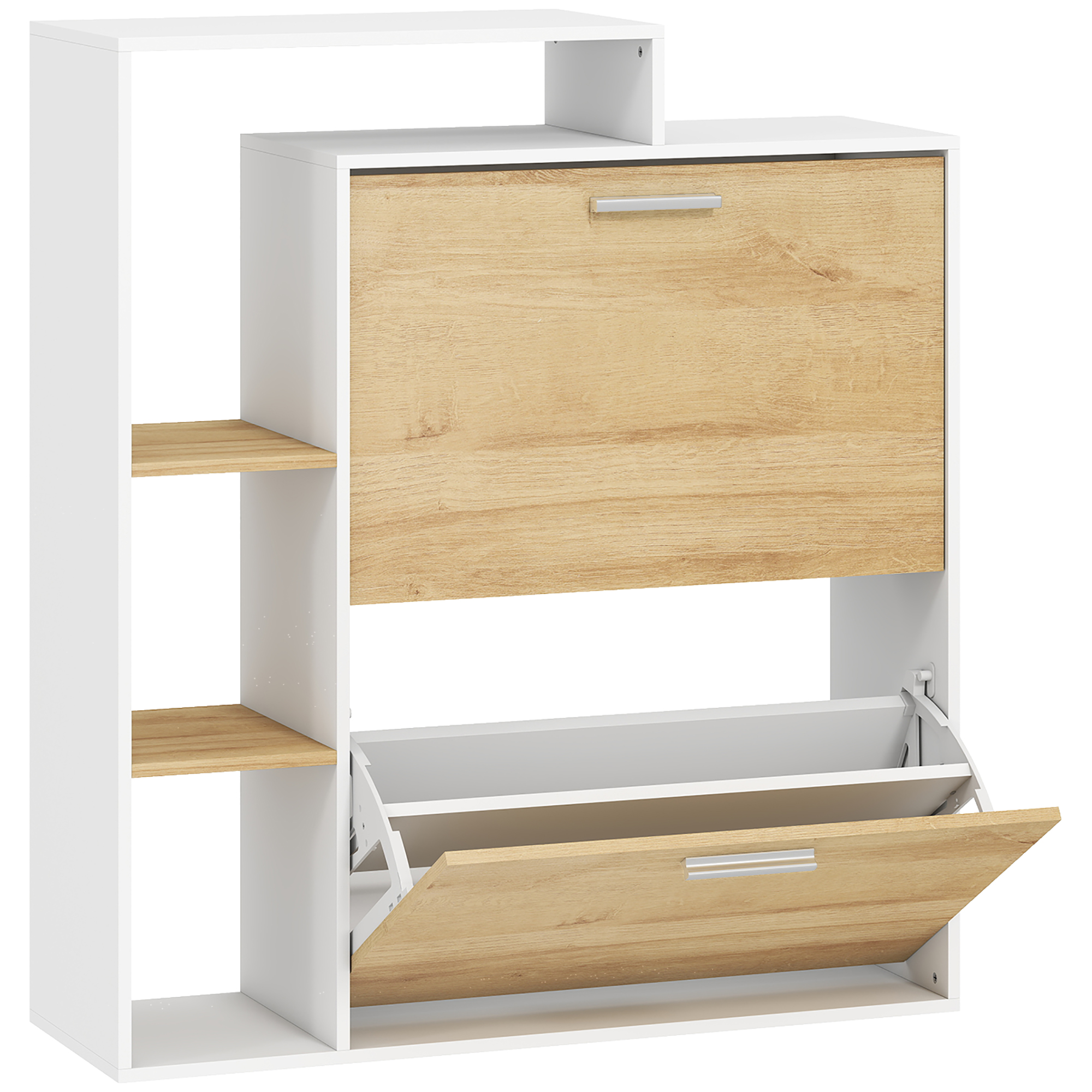 HOMCOM schlanker platzsparender Schuhschrank mit 2 Klapptüren, Schuhschrank für den Eingangsbereich mit verstellbaren Einlegeböden, 3 offene Fächer, Platz für 8 Paar, 80x26x90 cm, Weiß und Naturholzoptik Aosom
