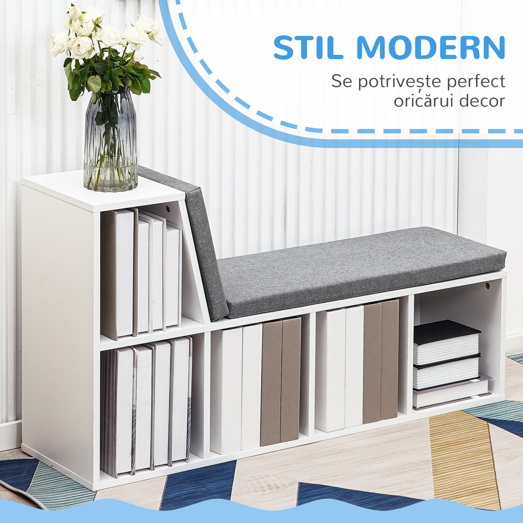  Biblioteca cu 5 Rafturi Deschise si 2 Perne, Mobilier Modern din Lemn, pentru Living, Dormitor si Birou, Gri Alb [3]