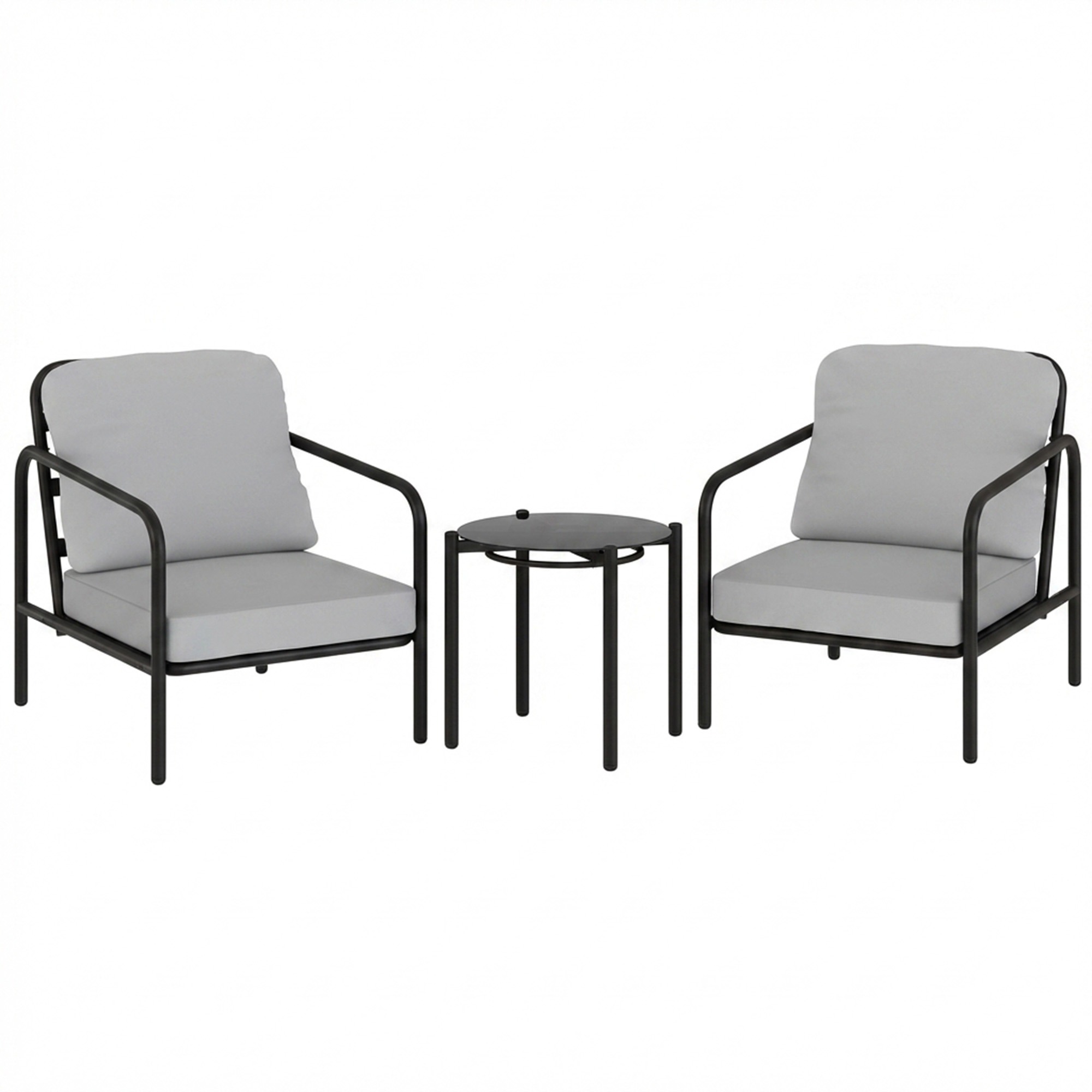 Outsunny 3-teiliges Bistrot-Set aus Stahl, Garten-Set mit 2 Stühlen mit dicken Kissen, Tisch mit gehärteter Glasplatte, für Terrasse Balkon, Schwarz und Hellgrau Aosom