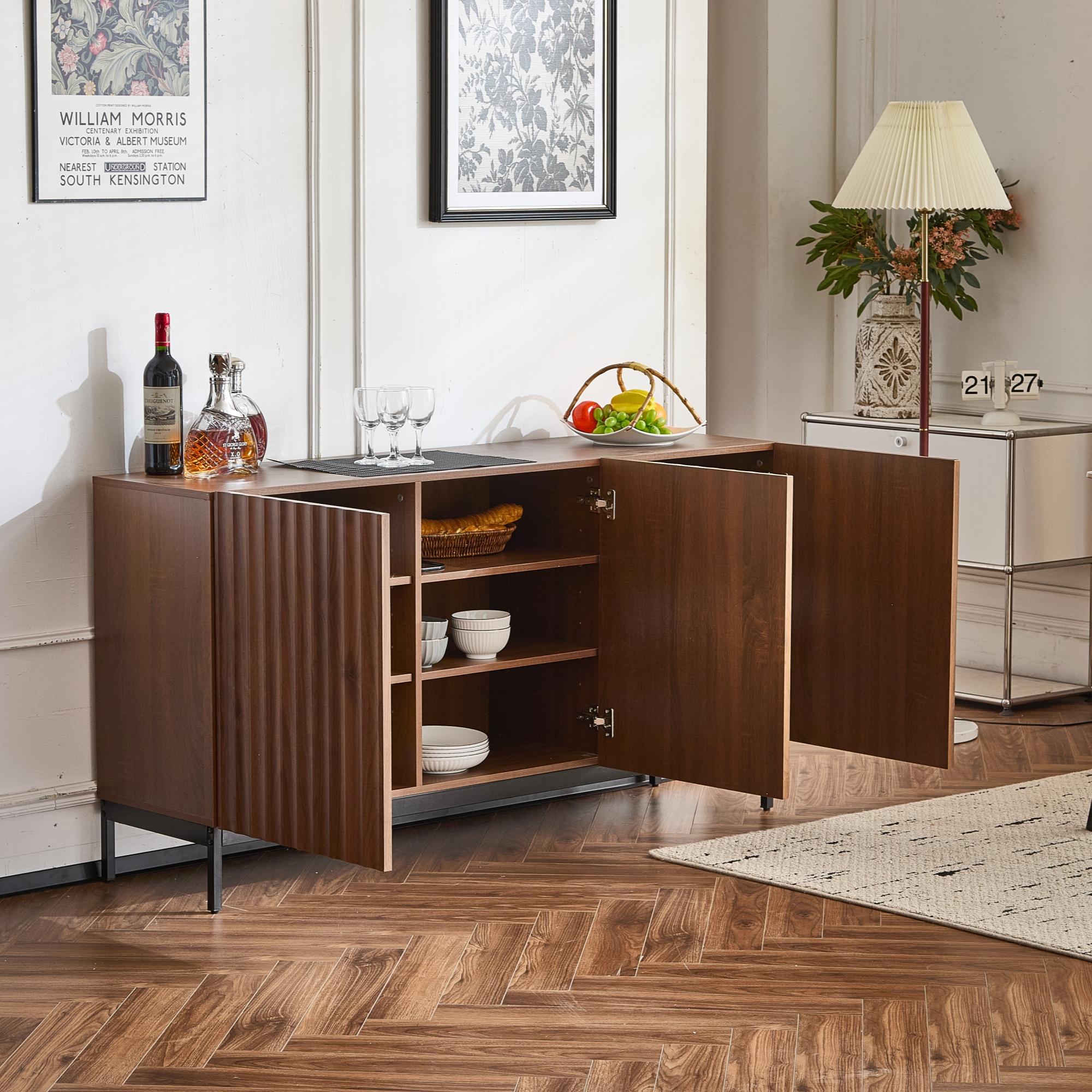 Sideboard im Mid-Century-Modern-Stil, 3D-Wellendesign, für Wohnzimmer, Esszimmer, Bür, 150x40x80 cm, Braun