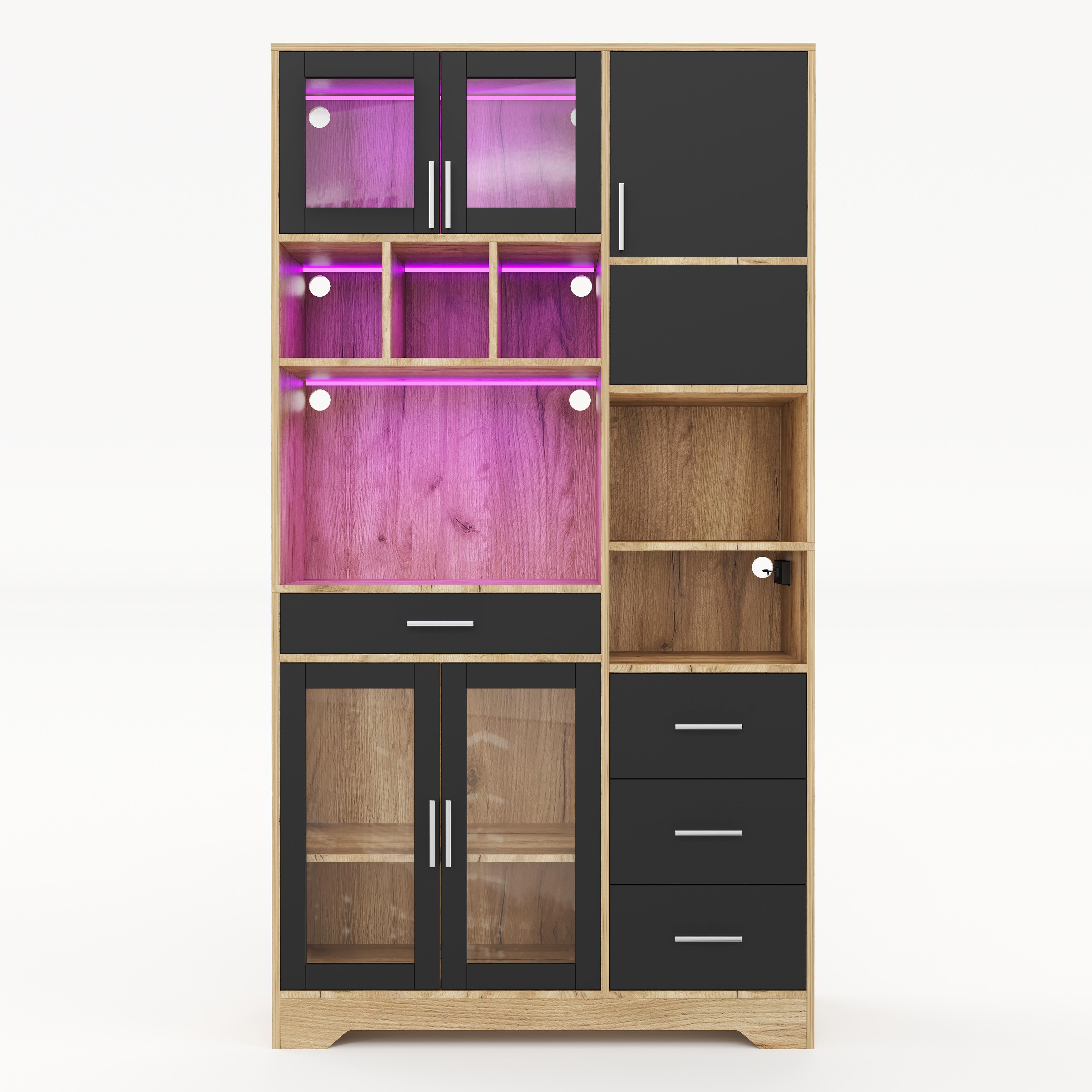 Vintage-Hochschrank im Bauernhausstil, LED-Lichtleiste mit Farbwechsel, 100x40x185 cm, Schwarz+Naturfarbe