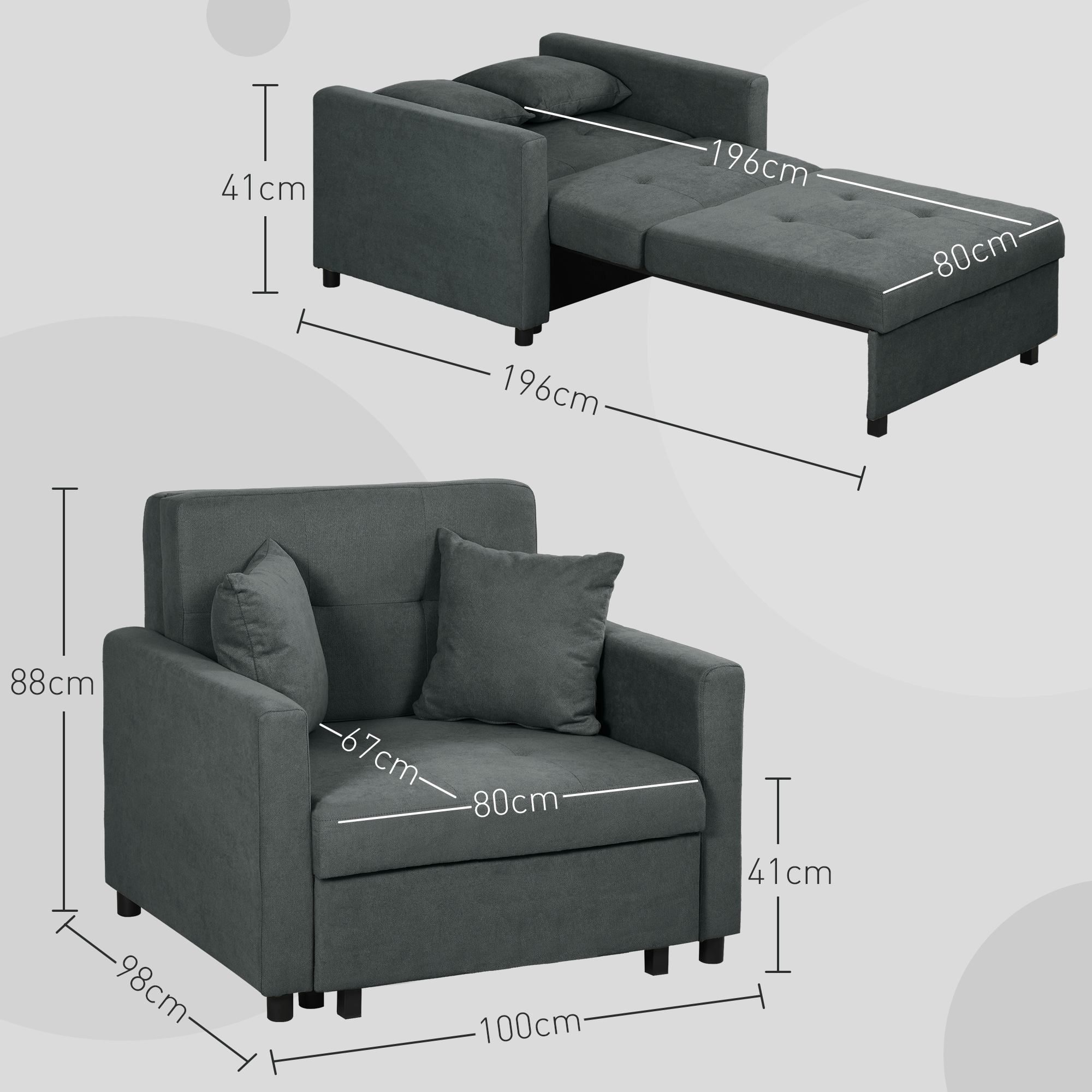  Poltrona Letto in Tessuto Effetto Velluto Grigio con 2 Cuscini e Spazio Contenitore, 100x98x88 cm [2]