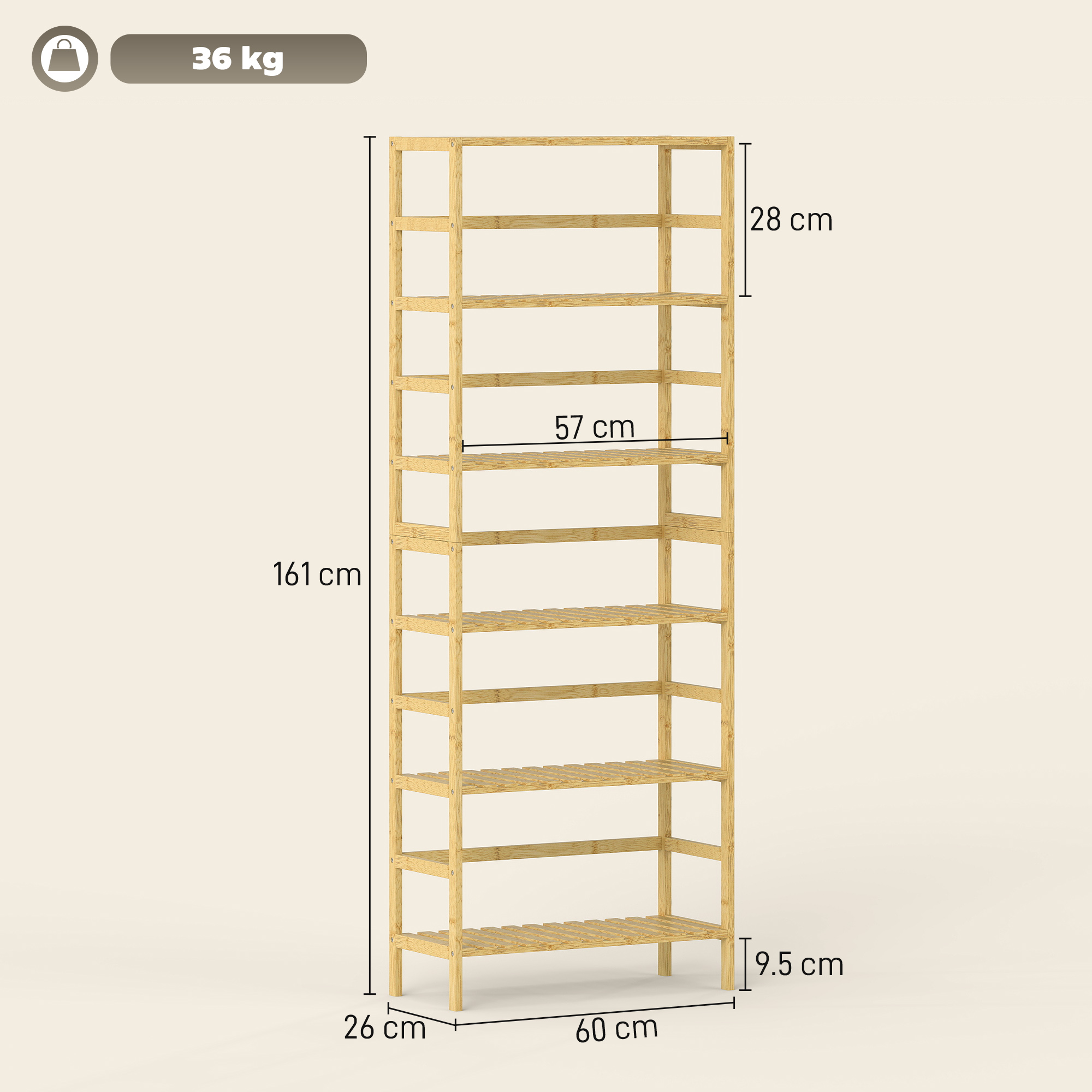  Raft din Lemn de Bambus cu 6 Niveluri si Polite Reglabile, 60x26x161 cm, Lemn Natural [2]
