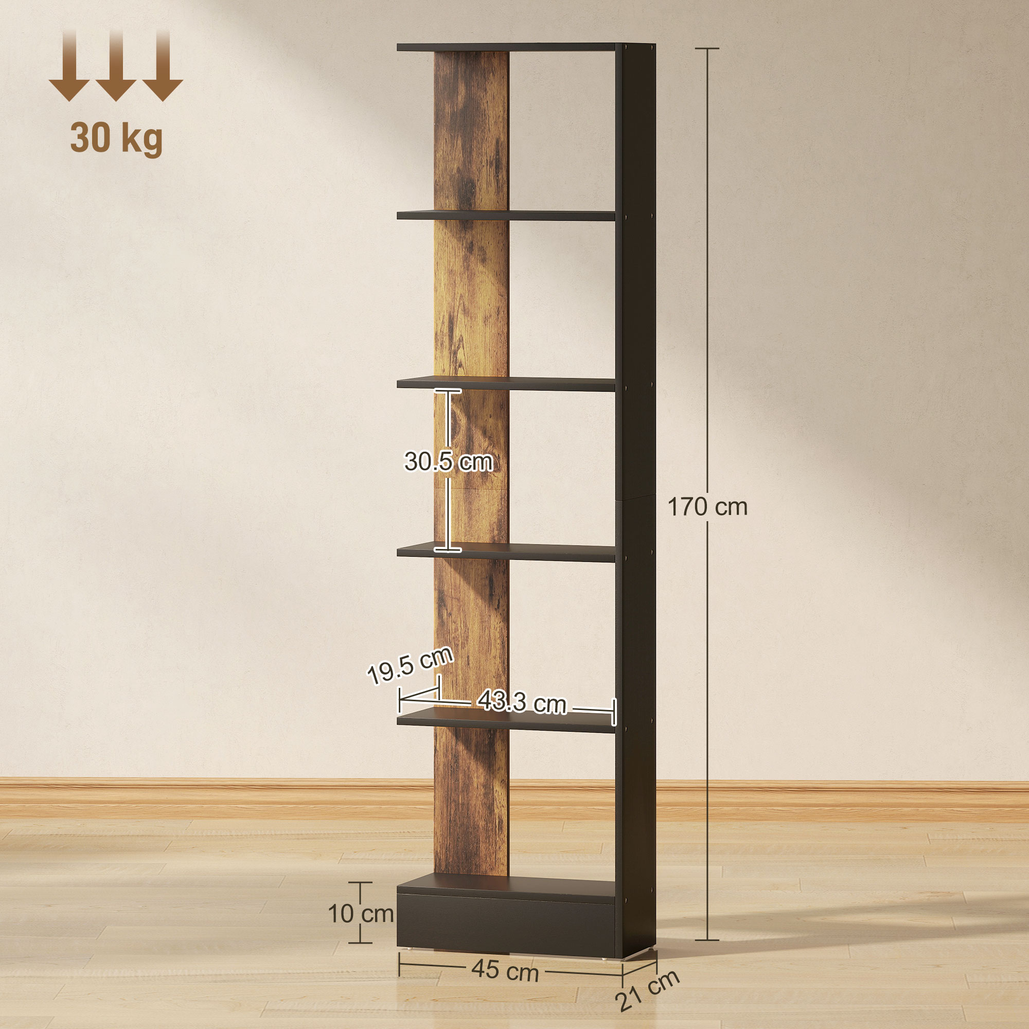  Raft ingust cu 5 Etajere, Raft Economisitor de Spatiu Modern din Lemn, Biblioteca pentru Baie, Living, Dormitor, Birou, 45x21x170 cm, Maro Rustic [2]