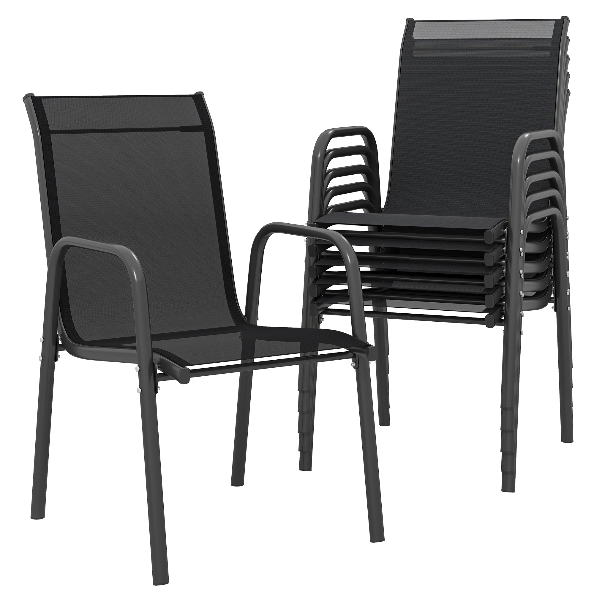 Lot De 6 Chaises De Jardin/ Salle à Manger LEWE – Polypropylène Gris, Pieds Fer Noir, Étanchées Et Empilables