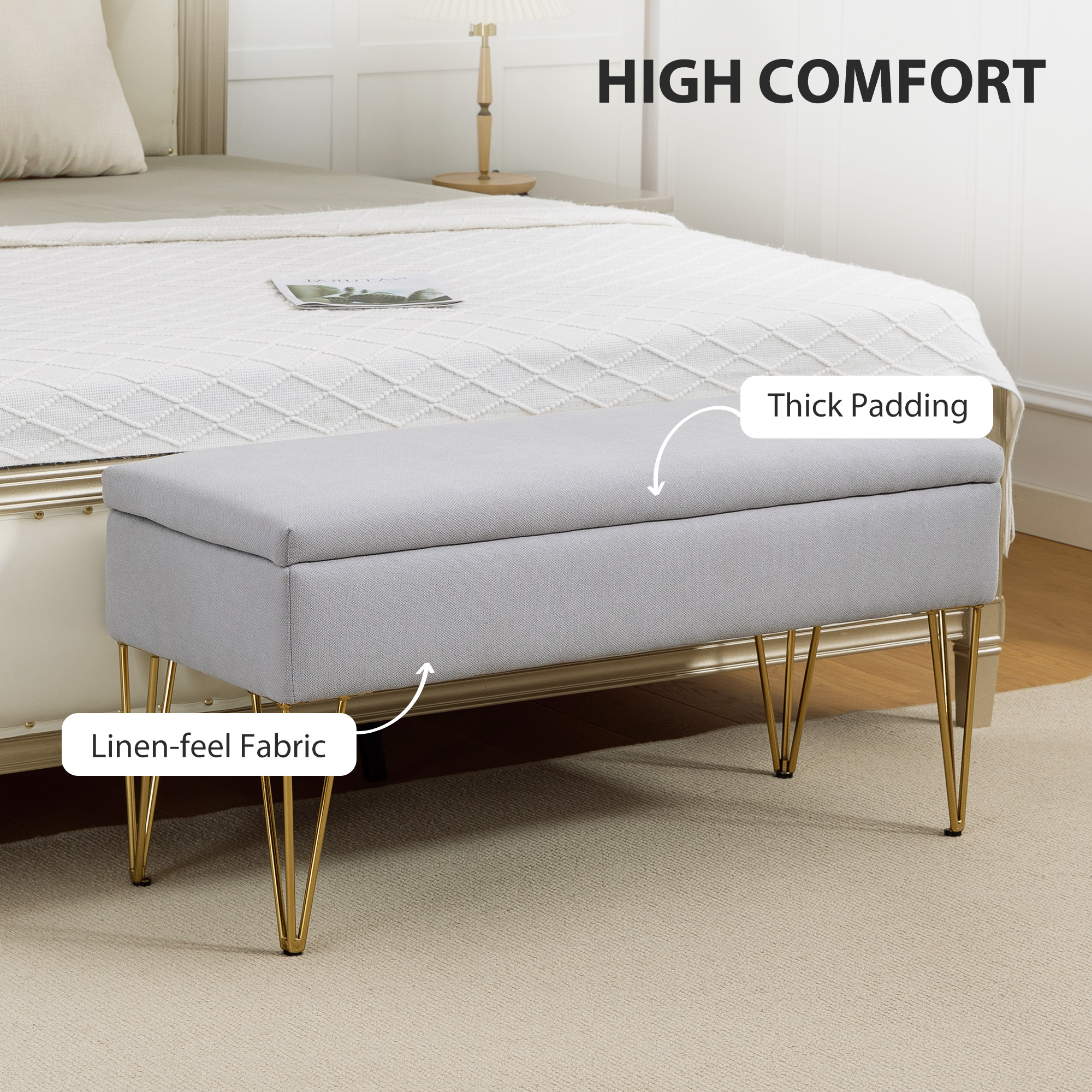  Banca pentru capatul patului cu spatiu de depozitare, din material textil si picioare din otel, 100x40x49 cm, gri deschis [3]