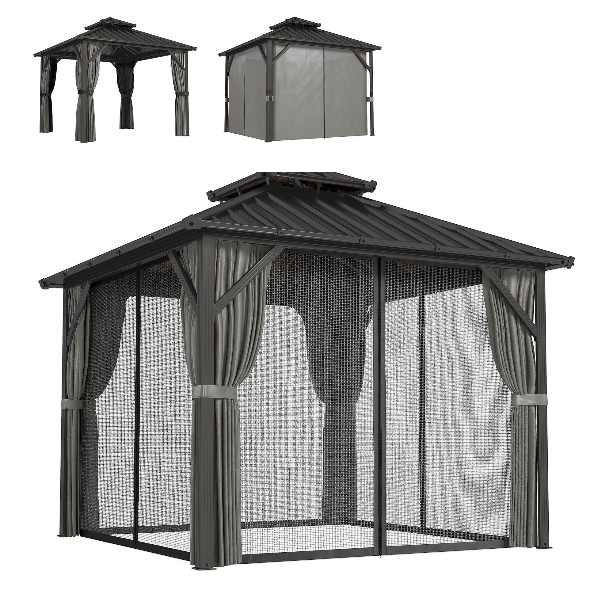 Outsunny Pavillon 3 x 3 m à toit rigide avec cadre en aluminium et toit double en acier galvanisé, gris foncé