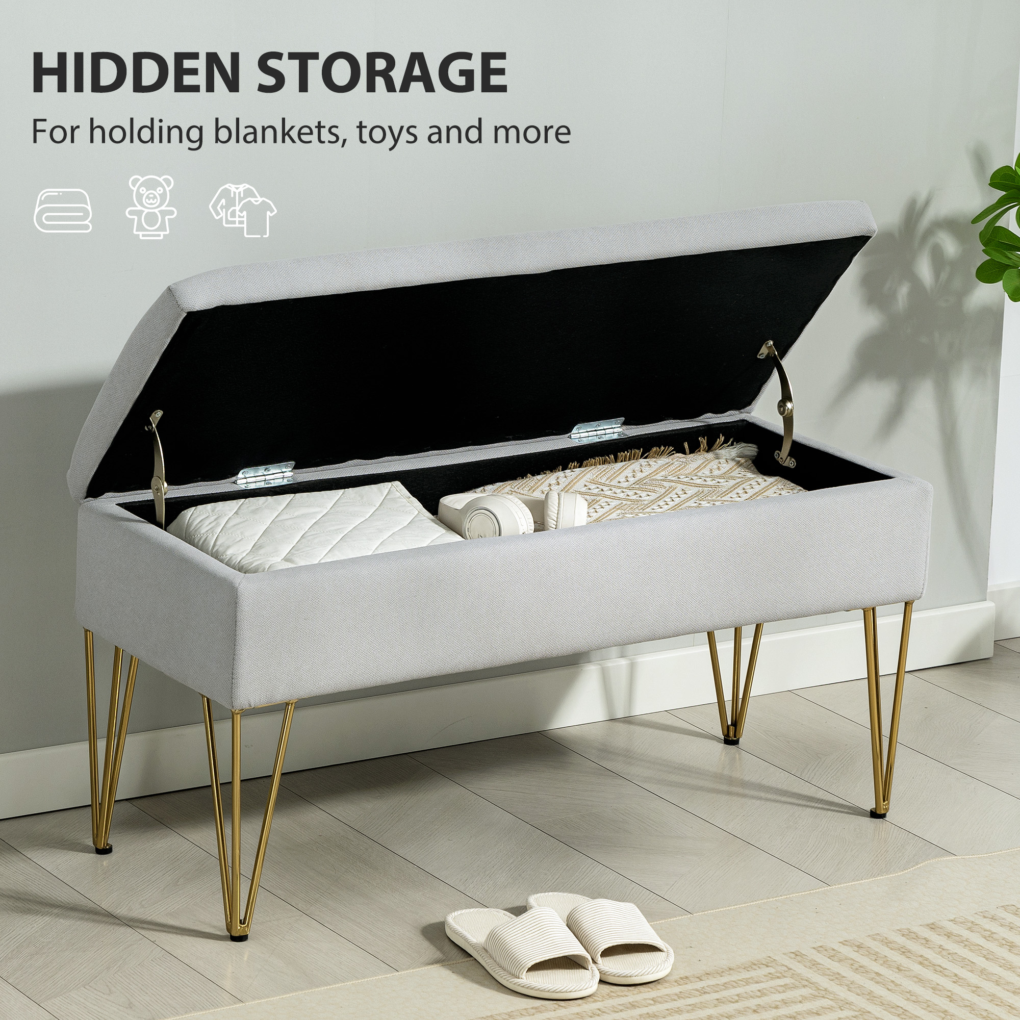  Banca pentru capatul patului cu spatiu de depozitare, din material textil si picioare din otel, 100x40x49 cm, gri deschis [4]