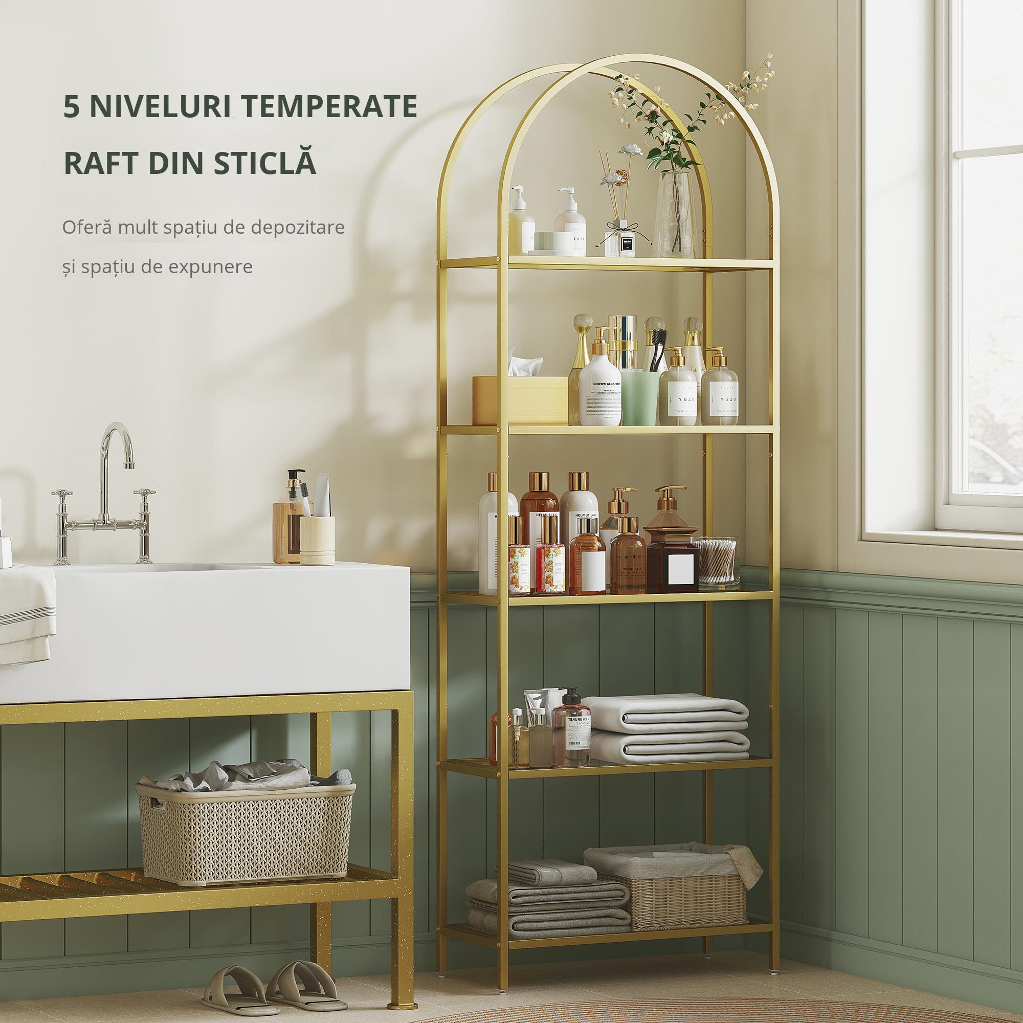  Raft de Depozitare Arcuit cu 5 Nivele din Otel si Sticla Securizata, 60x30x175 cm, Auriu [4]