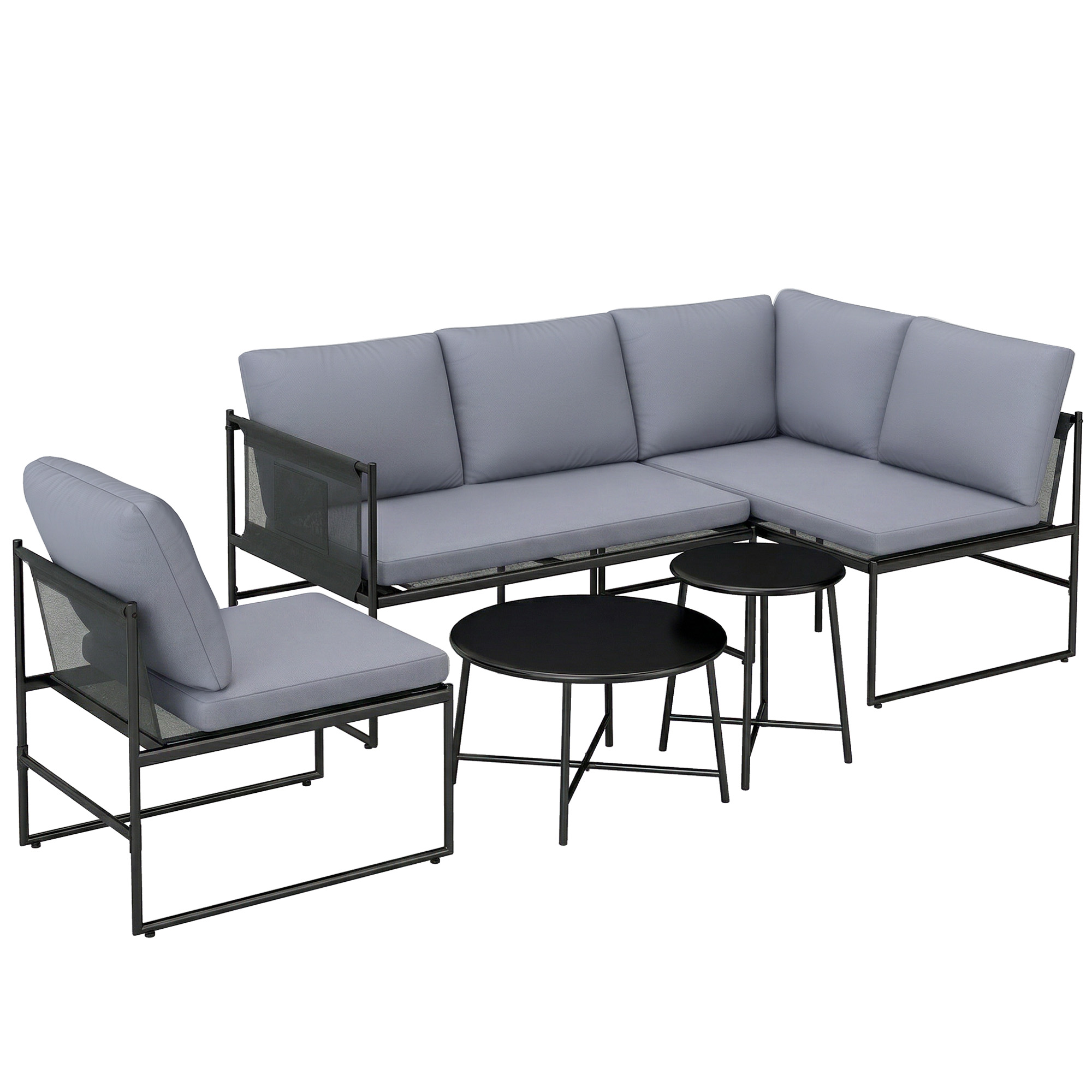 Outsunny Zestaw mebli ogrodowych lounge, 4-5 osób, kanapa dwuosobowa, stolik, krzesło, grube poduszki, siatkowe siedziska | Aosom PL