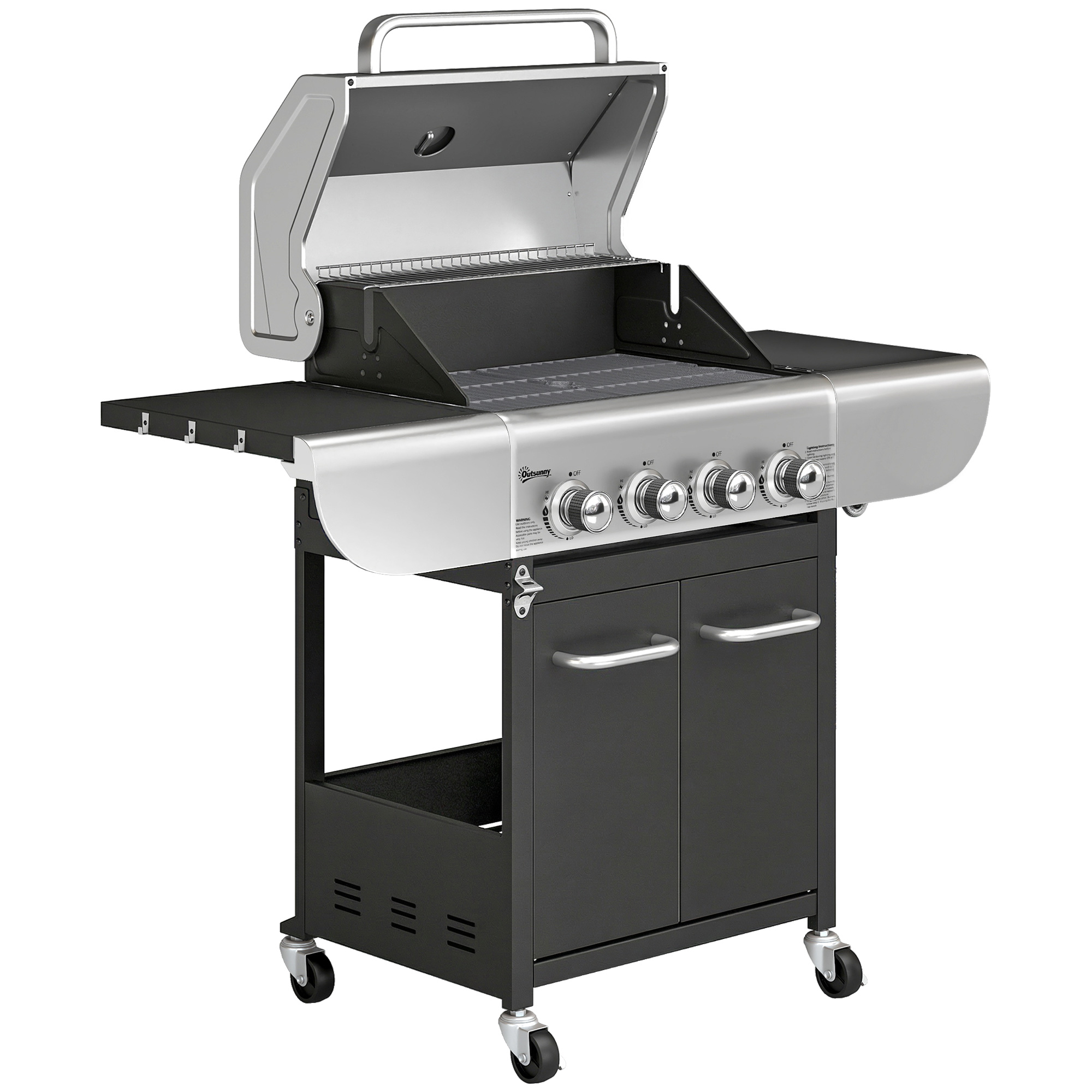 Outsunny Barbacoa de Gas con 4 Quemadores 12,8 kW Termómetro Parrillas de Hierro Fundido Mesas Laterales Armario y Ruedas Negro