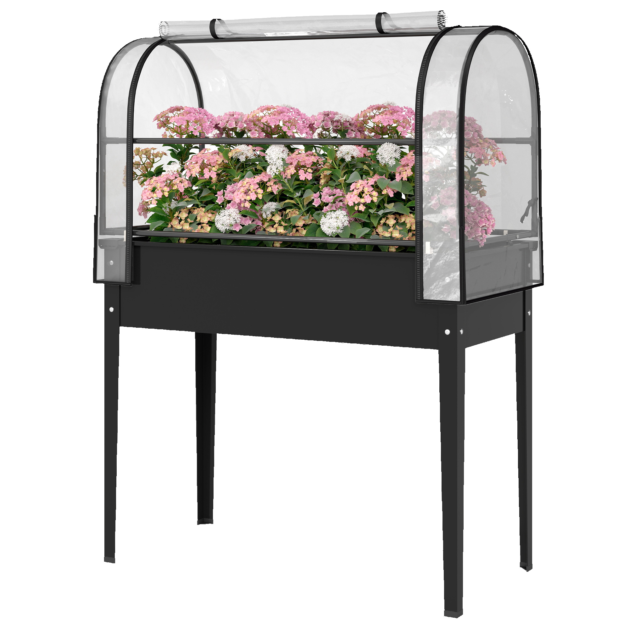 Outsunny Potager sur Pieds avec Serre Rabattable, Jardinière Surélevée en Métal avec Trou de Drainage, 100 x 49 x 136 noir