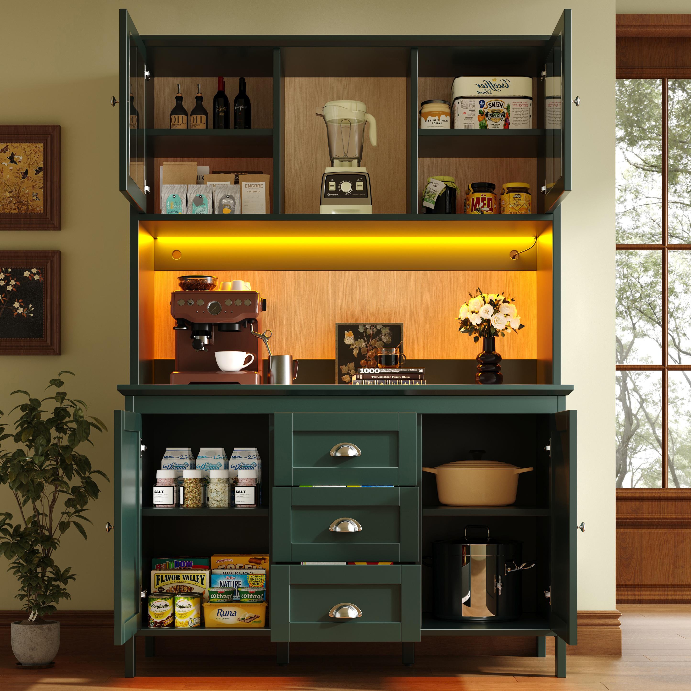 Smart Storage Cabinet with 4 Doors & 3 Drawers, Tall Sideboard with App-Controlled USB LED Lighting, 120L x 40W x 179H cm, Green   Aosom UK