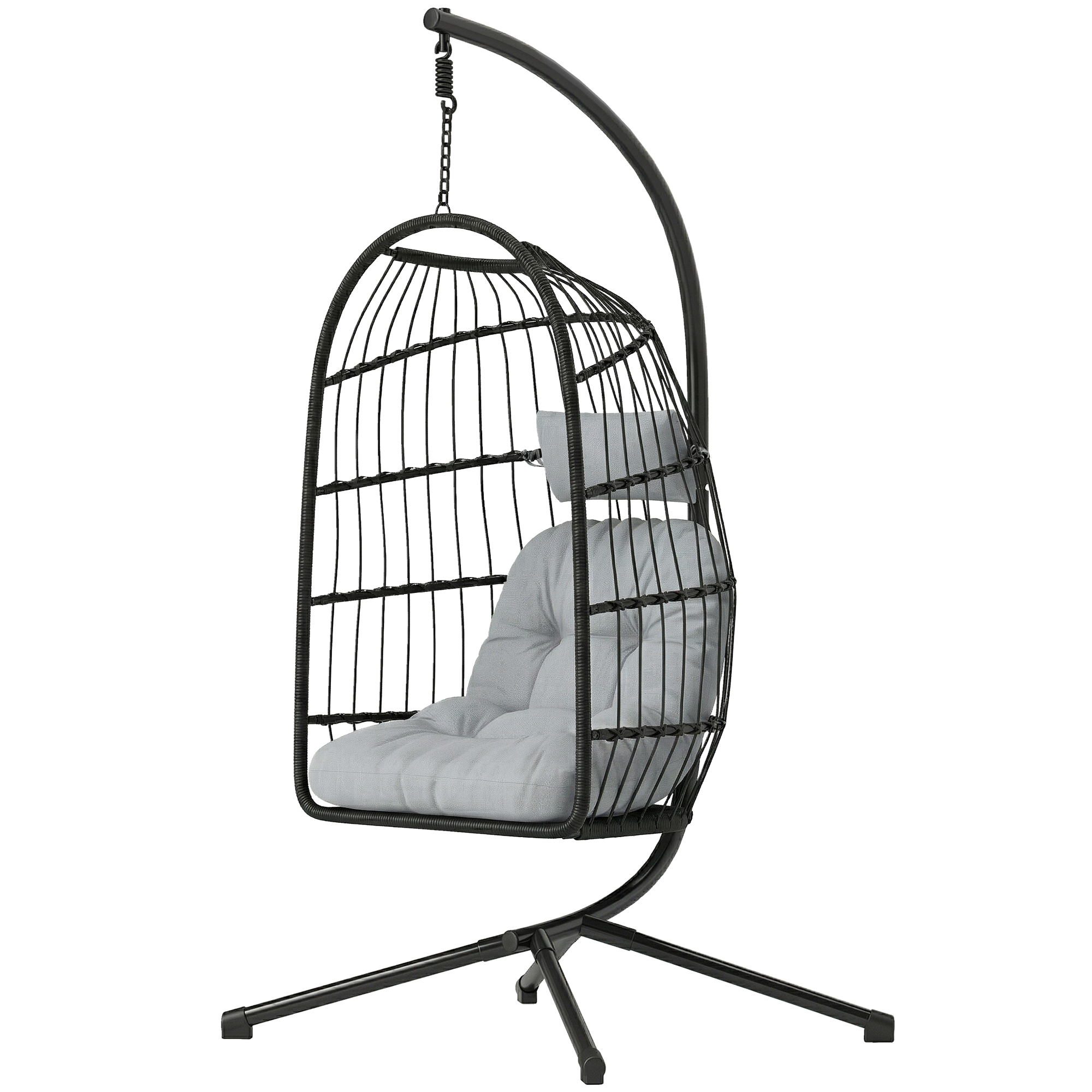 Outsunny Fauteuil Œuf Suspendu Pliable avec Support Coussin 15cm et Appui-tête Gain de Place Résine Tressée 101x105x196cm Gris