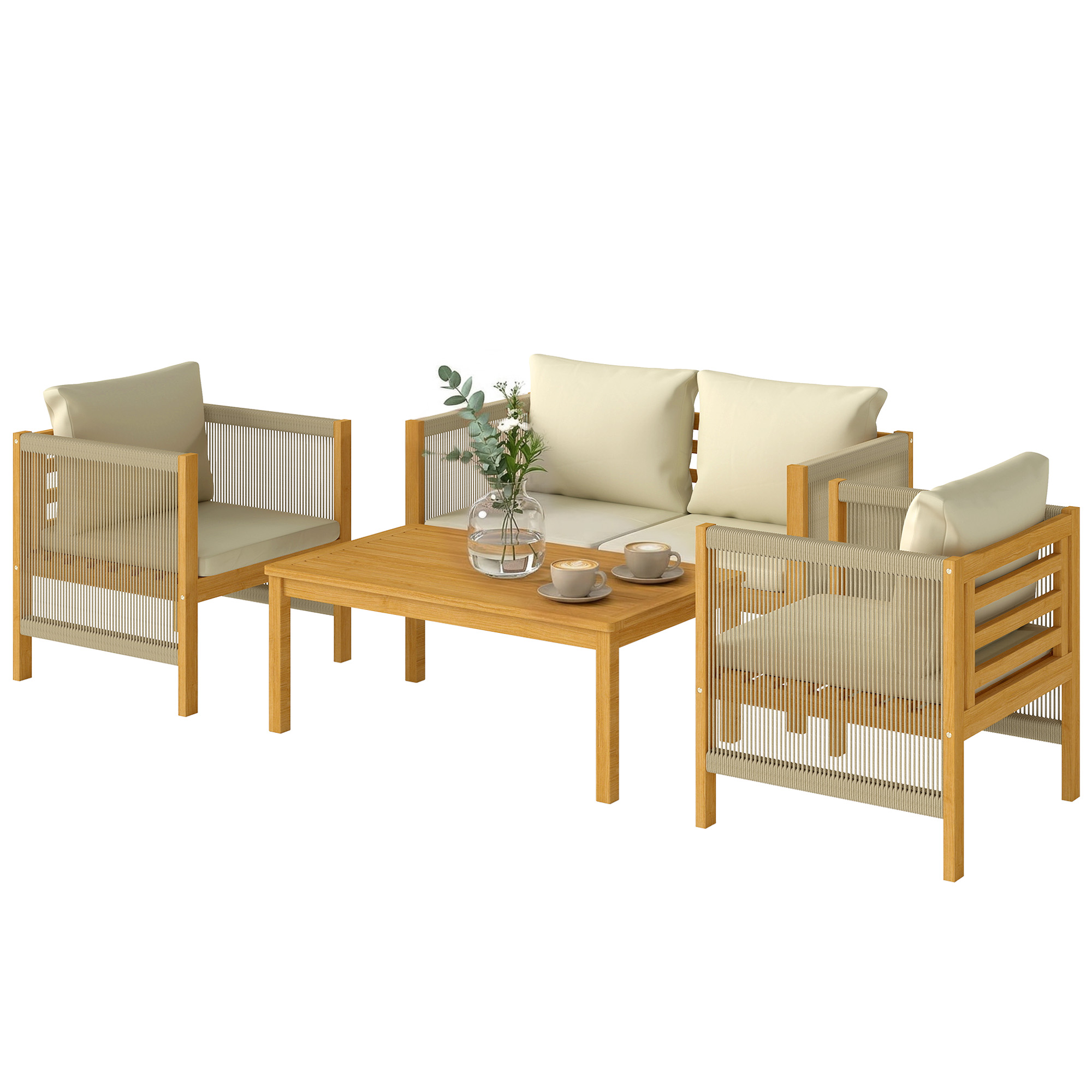 Outsunny Salon de Jardin Ensemble de Mobilier 4 Pièces en Bois d'Acacia Coussins Déhoussables et Corde Tressée Naturel