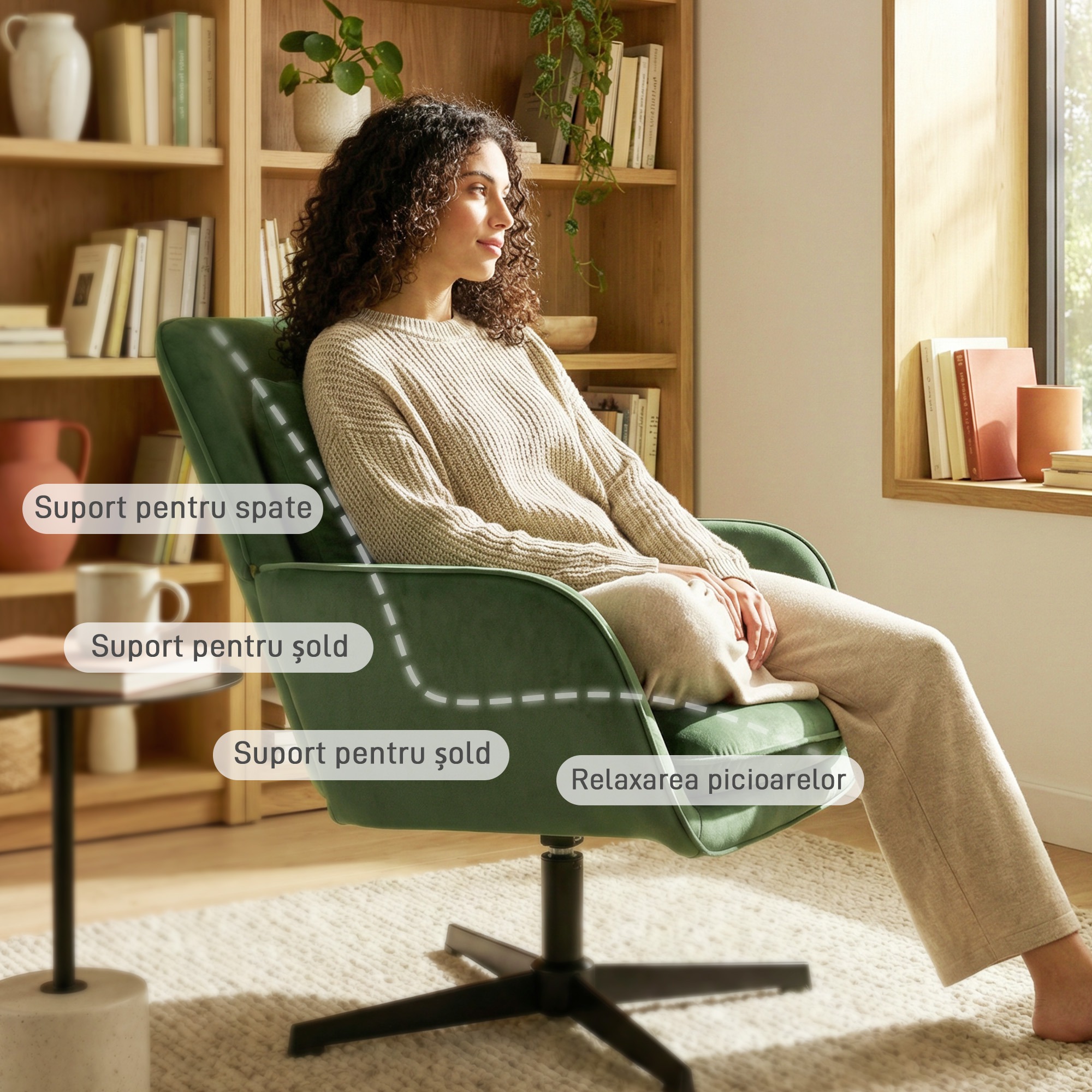  Fotoliu de Salon Rotativ 360° cu Perna Lombara Detasabila, sezut Generos, Fotoliu Tapitat Modern din Catifea cu Cotiere, pentru Living, 73x83.5x85 cm, Verde [5]