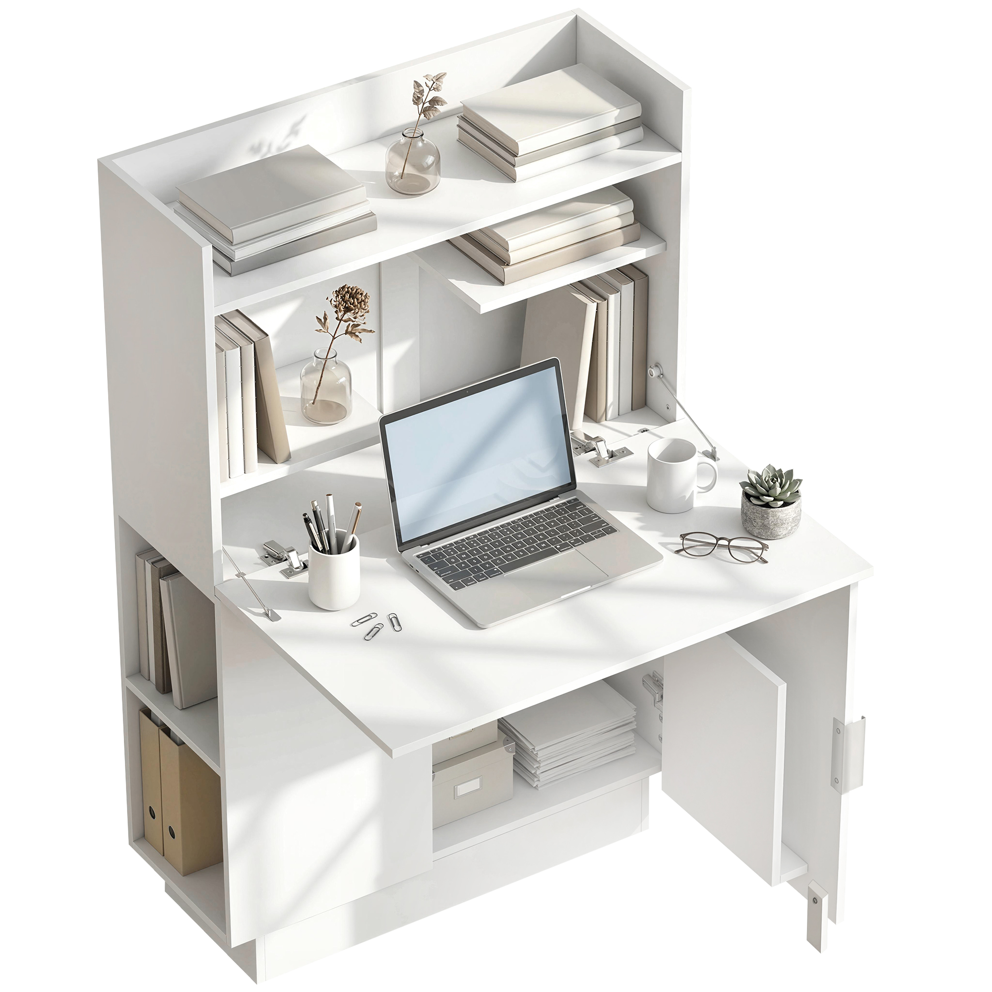 HOMCOM Bureau d'ordinateur pliant, bureau informatique avec plateau rabattable, étagères et placard, 80x30x128cm, blanc