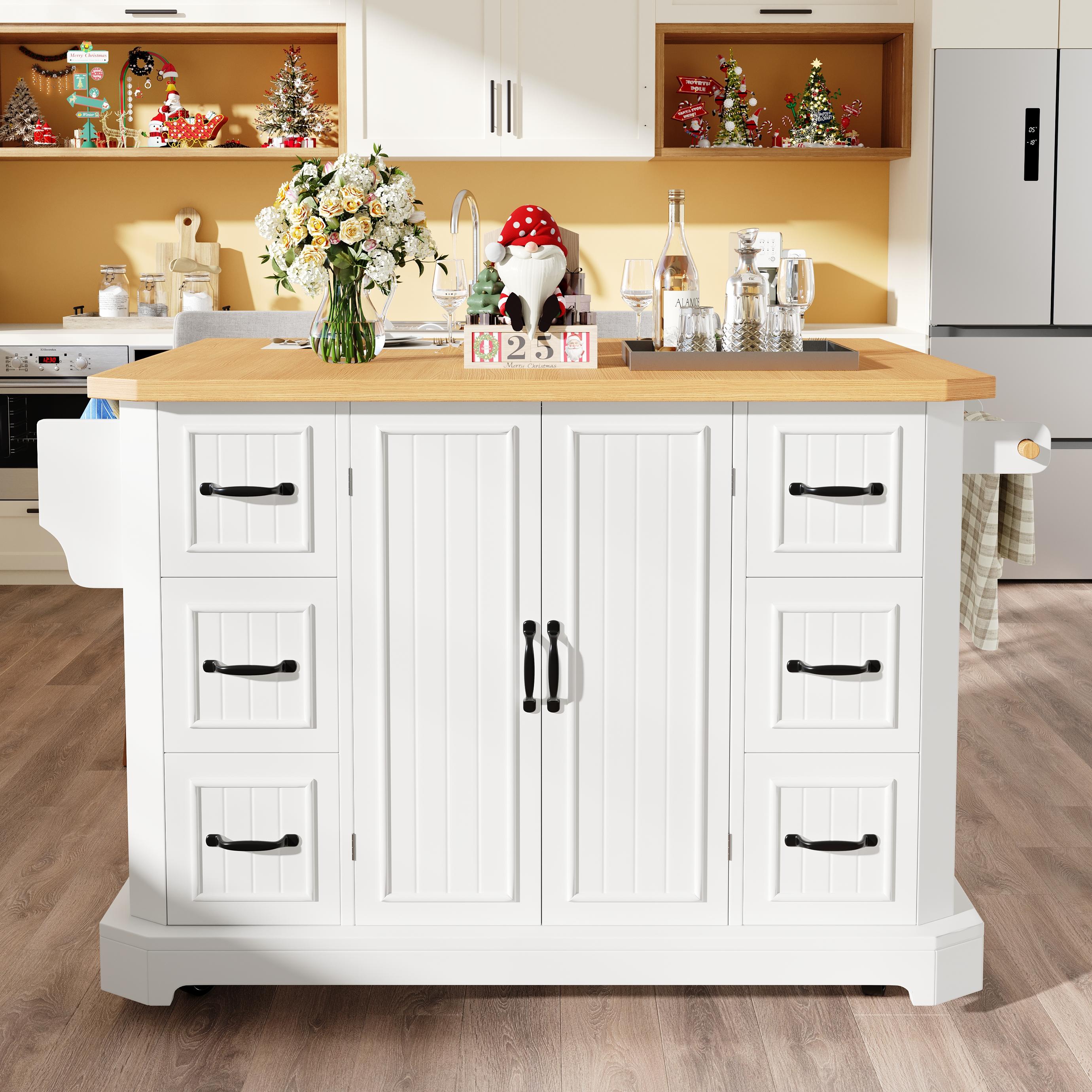 Mobile Kitchen Island with 2 Doors, 6 Drawers and Wood-Effect Worktop, Rolling Cart for Compact Dining Areas, 120L x 45W x 91H cm, White   Aosom UK