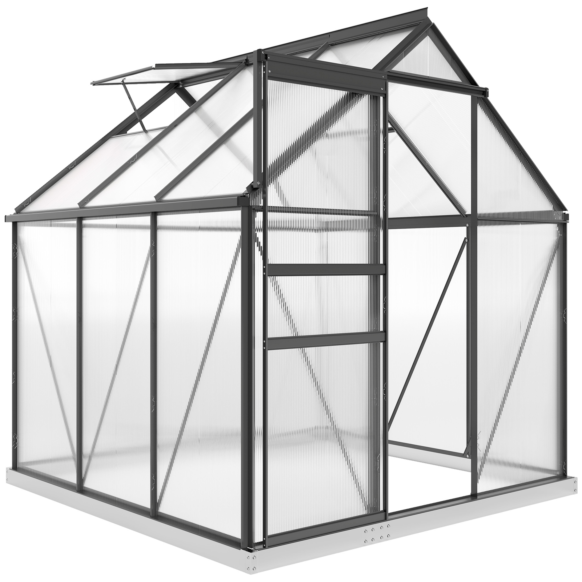 Outsunny Polycarbonat-Gewächshaus mit Aluminiumlegierungsrahmen 3,6 m², Gartengewächshaus mit Fundament, Dachrinnen, verstellbaren Dachfenstern, Flügeltür, für Pflanzen, UV-beständig, Grau Aosom