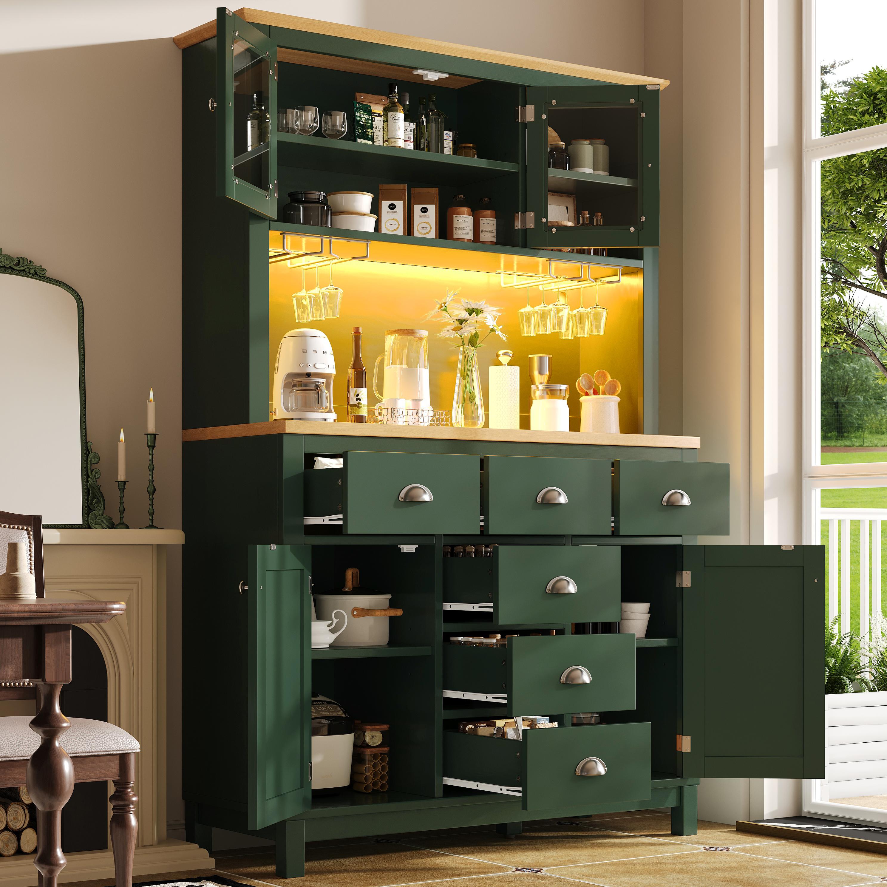 Farmhouse Style Sideboard with Spacious Shelves and Drawers, Versatile Storage Cabinet with Drink Holders, 104L x 40W x 180H cm, Green   Aosom UK