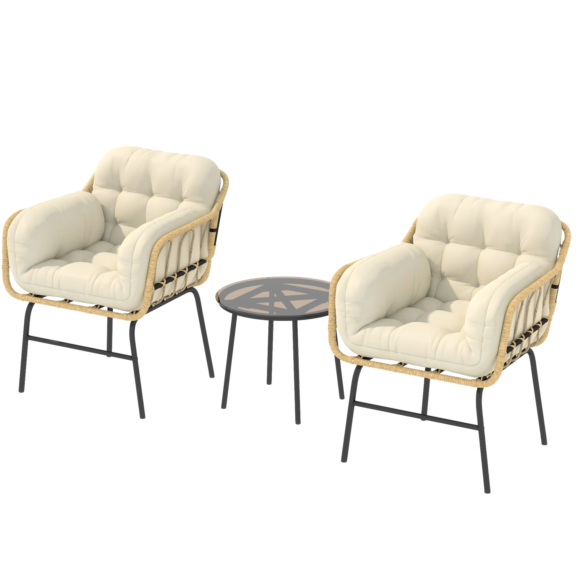 Outsunny Salon de Jardin Extérieur 3 Pièces en Résine Tressée, Table en Verre Trempé, 2 Fauteuils avec Coussins, 62x73x79cm, Kaki