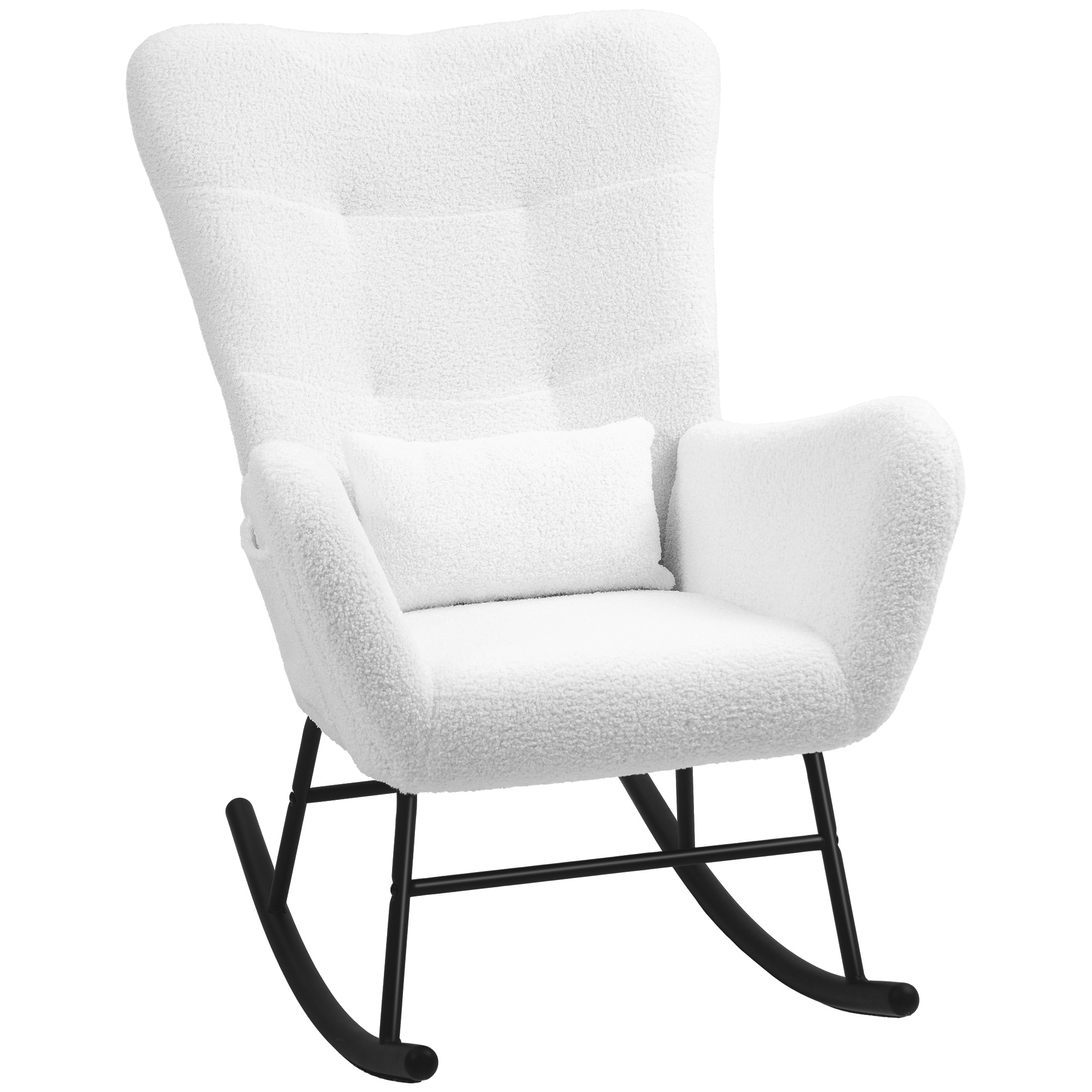 HOMCOM Schaukelstuhl, Schaukelsessel mit Teddystoff-Optik, Armlehne, Stillsessel mit Holzkufen, Lendenkissen, Relaxsessel mit Seitentasche für Wohnzimmer, Schlafzimmer, Weiß Aosom