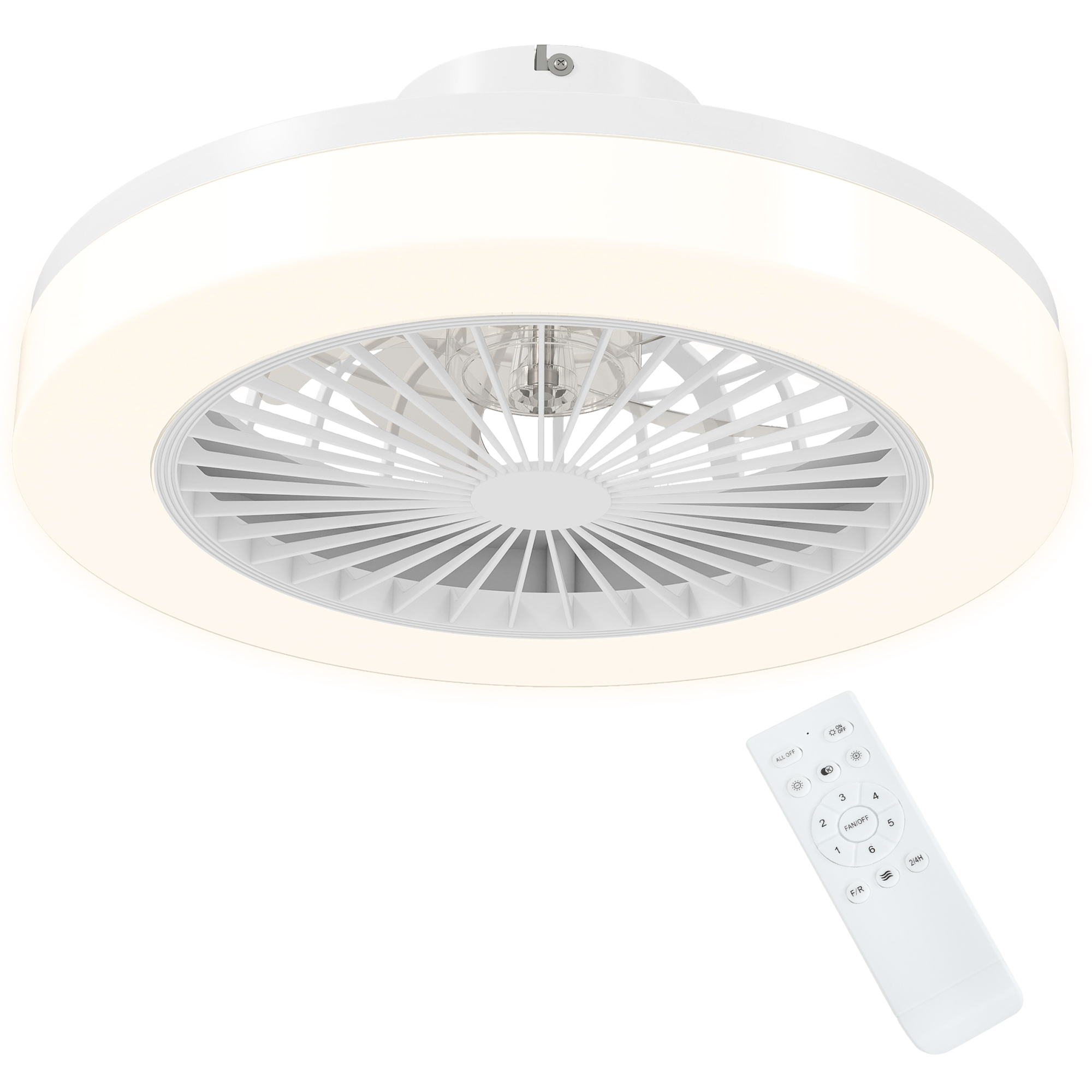 HOMCOM Ventilator de Tavan cu Lumină LED Reglabilă, 6 Viteze și Flux Reversibil, Ventilator din Plastic și Acril, Ø46x16 cm, Alb | Aosom Romania