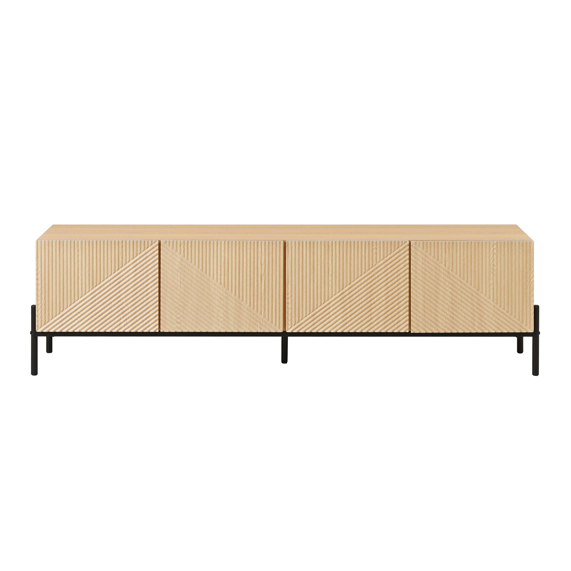 TV-Lowboard mit 4 Push-to-Open-Türen, Geometrisches Design, Metallgestell, 163,5x40x45 cm, Naturfarbe