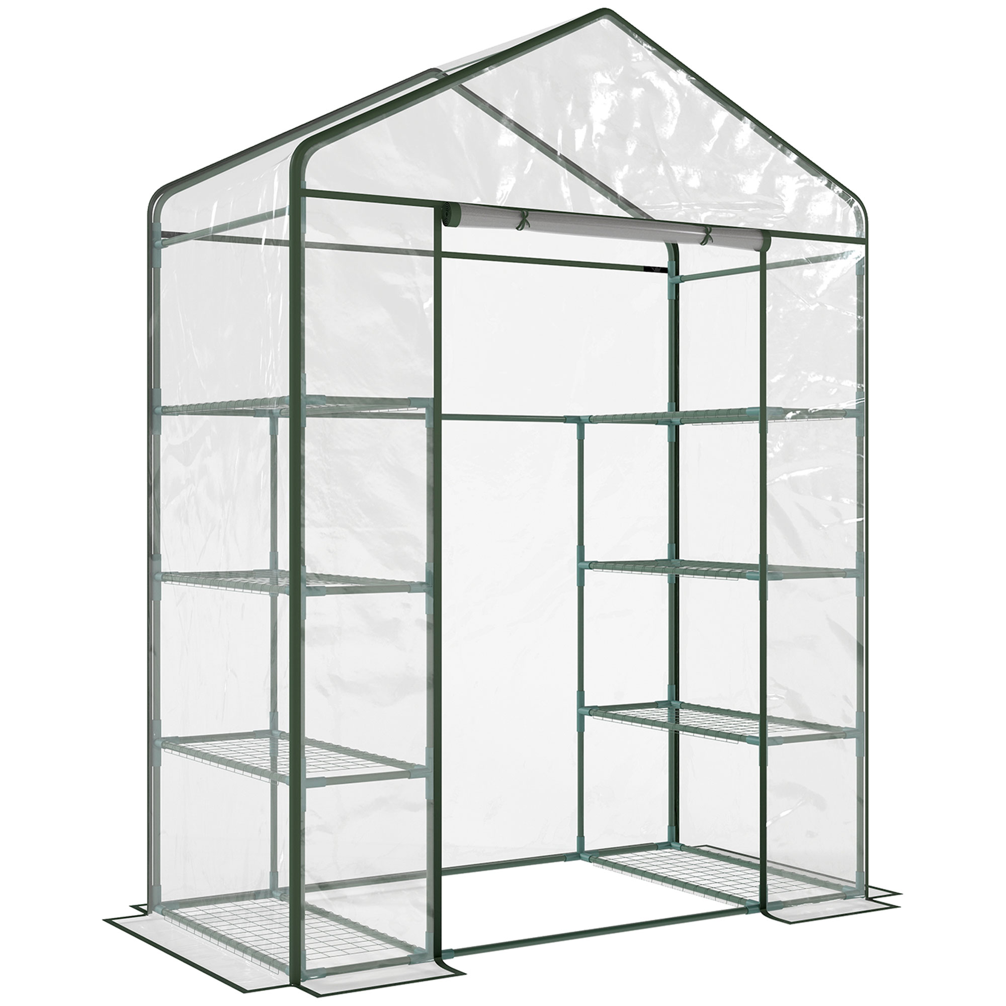 Outsunny Rechteckiges Garten- und Terrassengewächshaus 143x73x195cm, Transparente PVC-Platte und 8 Einlegeböden, aufklappbare Rolltür Aosom