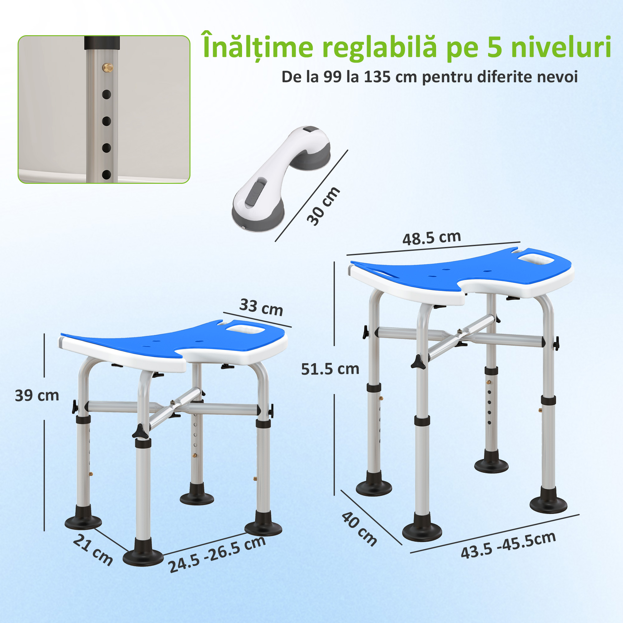  Taburet de dus reglabil pe inaltime cu maner, sezut captusit in forma de U si picioare antiderapante, albastru [2]
