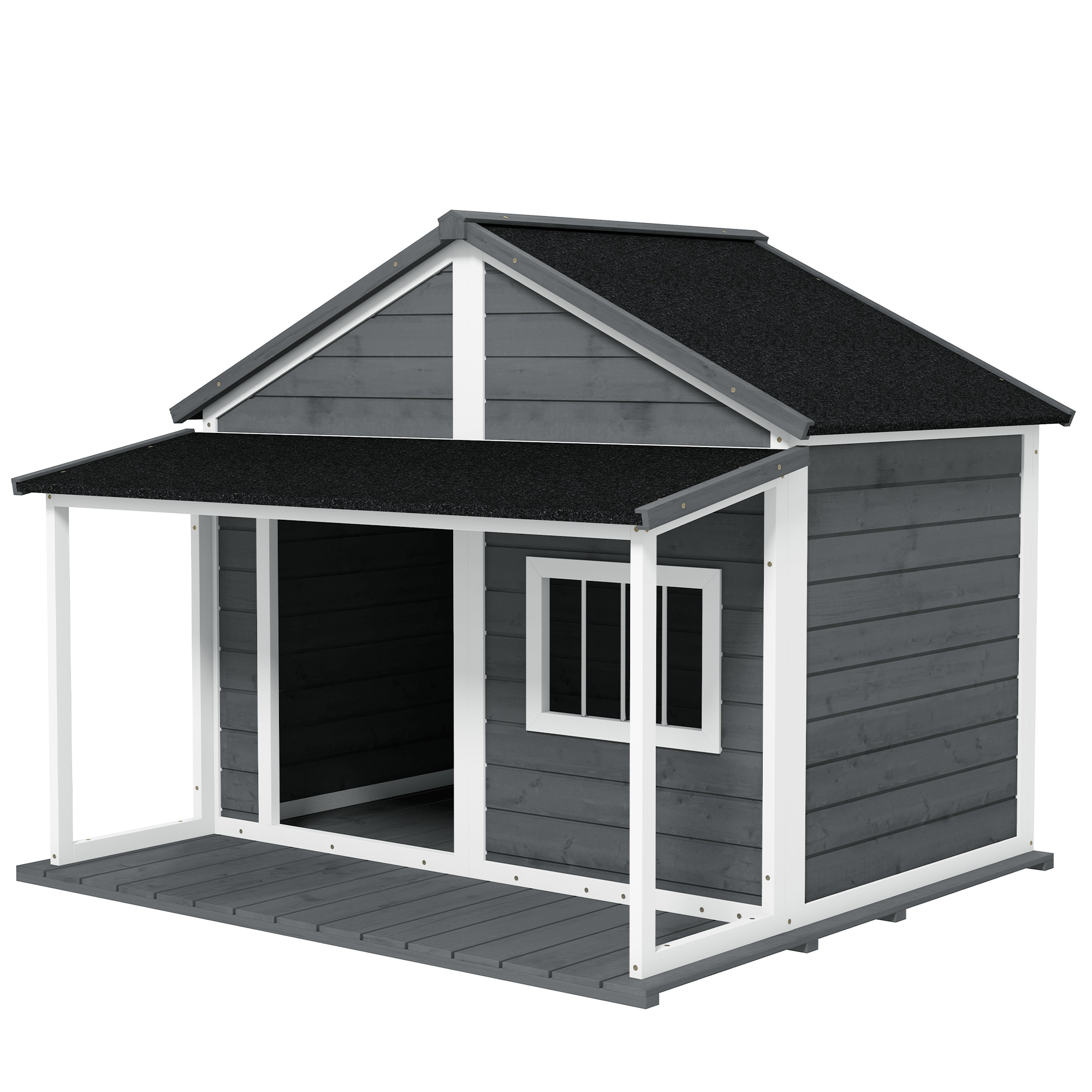 PawHut Niche pour Chien Extérieur avec Terrasse et Toit Bitumé Bois 124 x 112 x 105 cm Gris