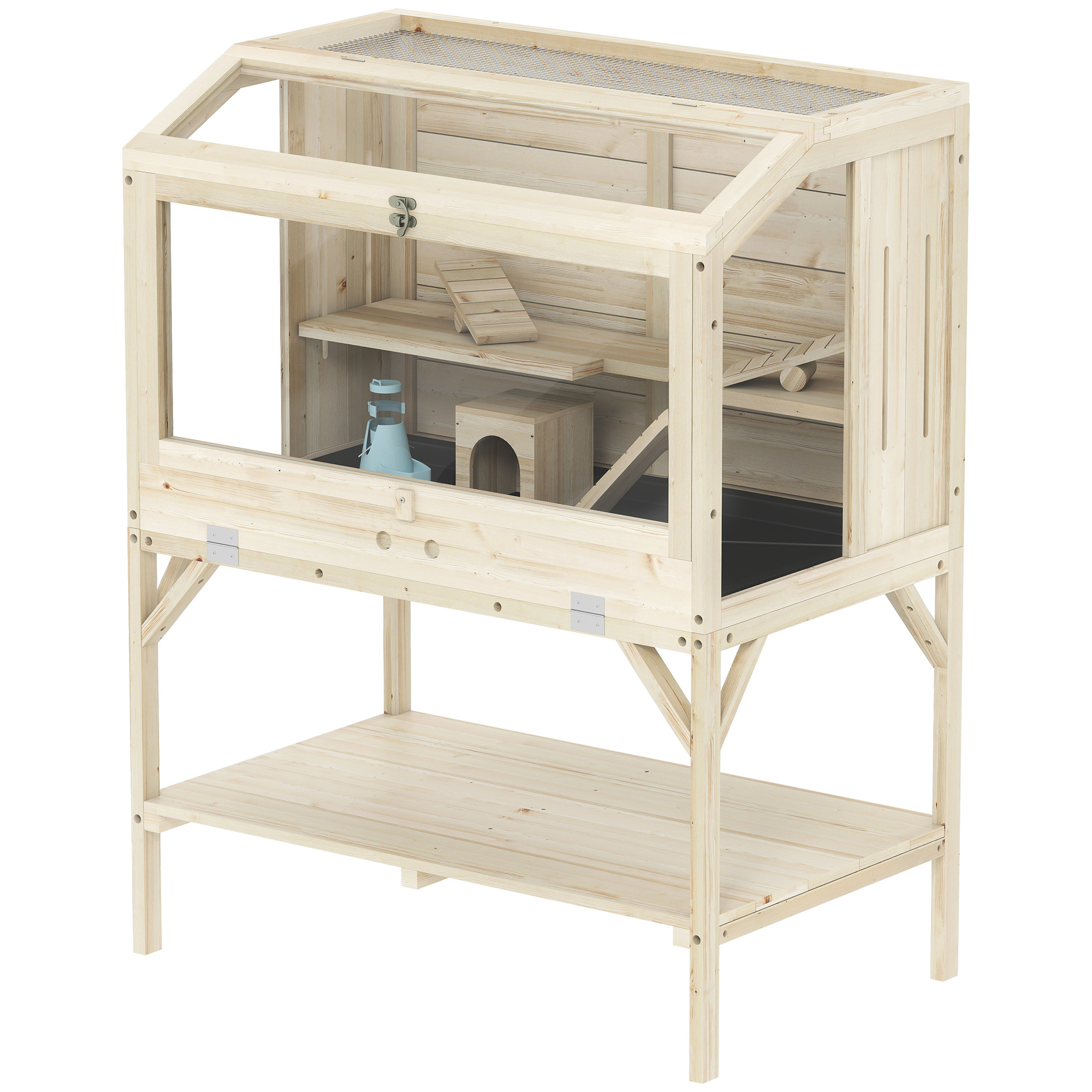 Comparer les prix de PawHut Cage hamster en bois, cage rongeur à 2 niveaux, étagère de rangement, couvercle ouvrant, 84 x 53 x 110 cm, bois naturel