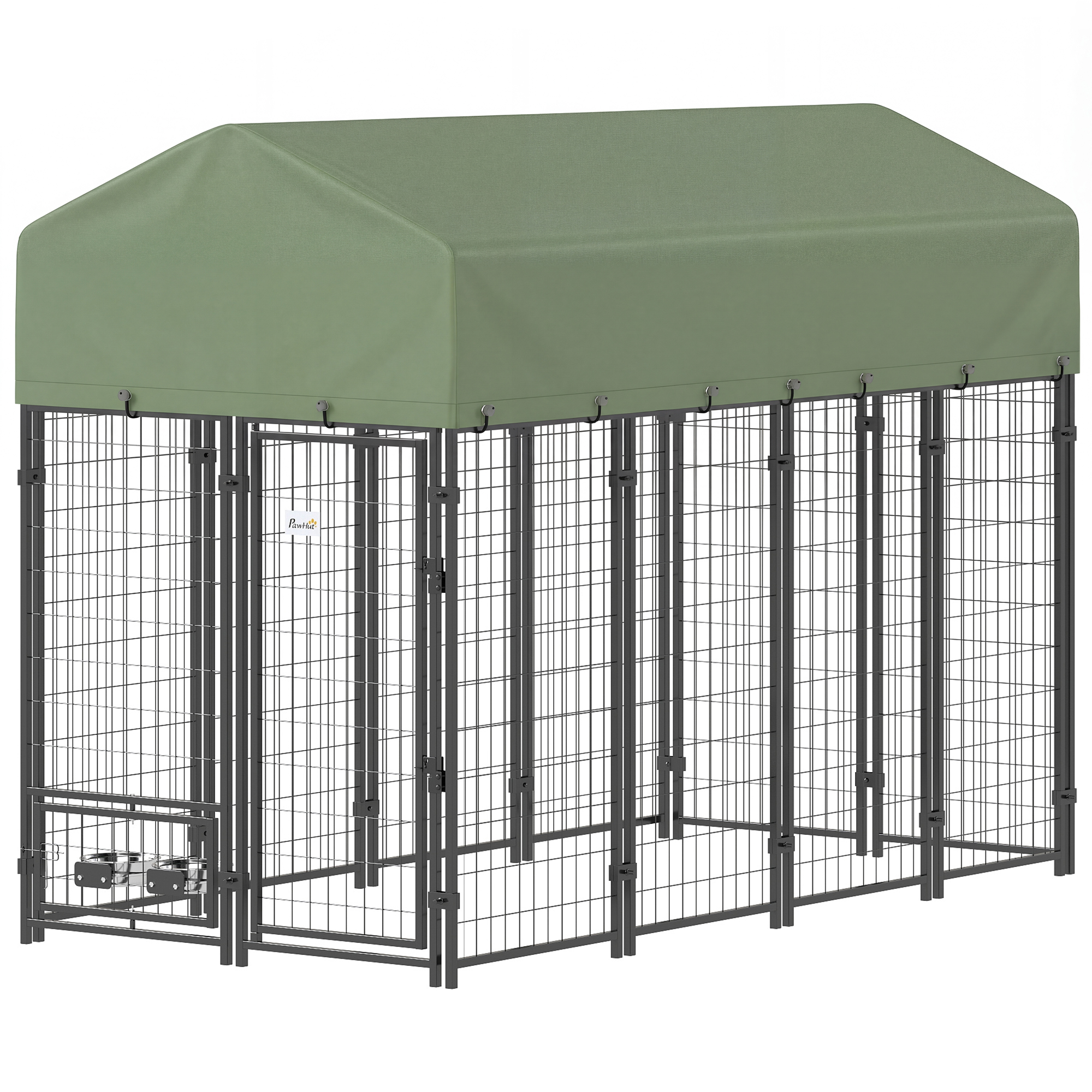 PawHut Enclos pour Chiens d'Extérieur en Acier avec Toit en Tissu Oxford, Anti-UV, Imperméable, 2 Bols, Vert