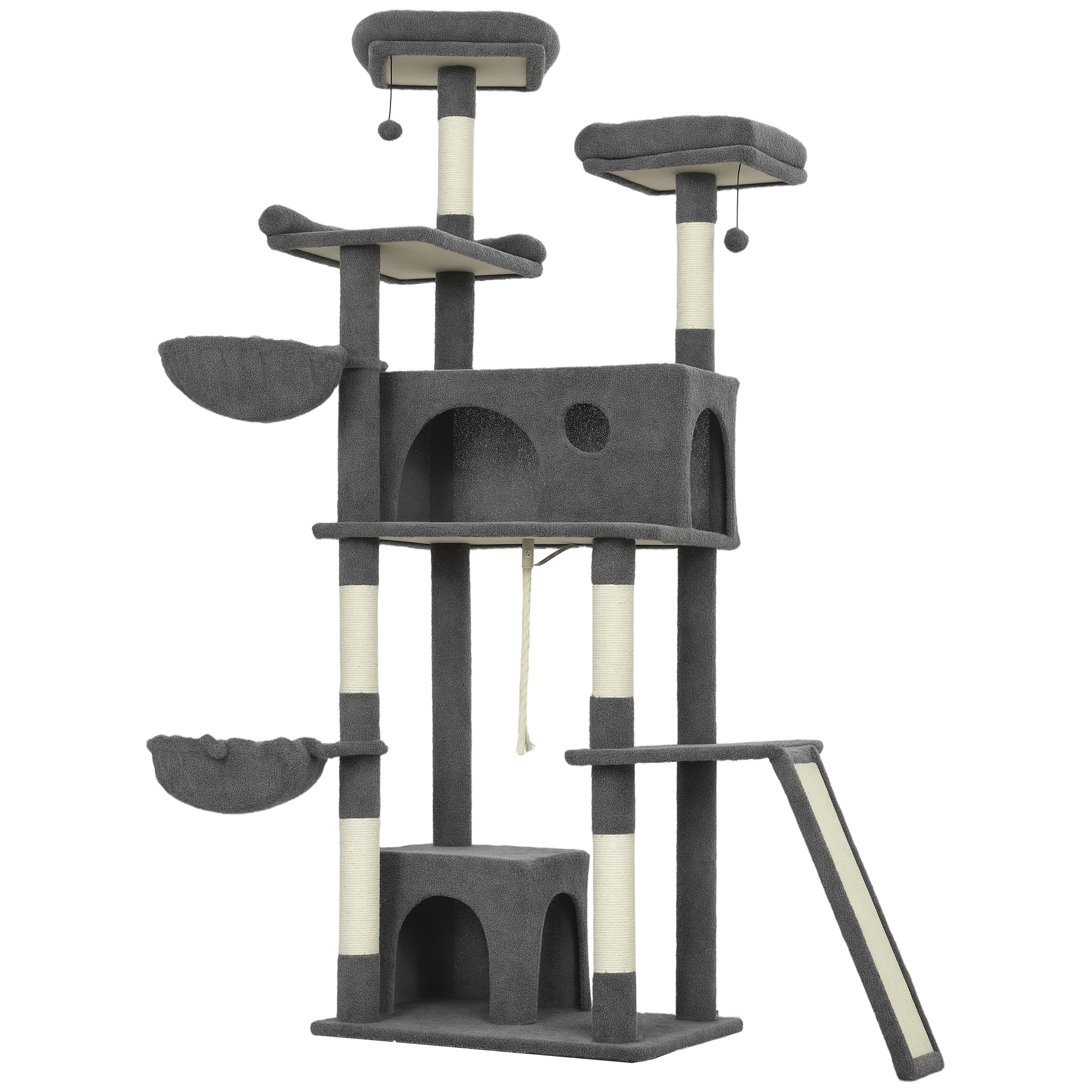 PawHut Arbre à chat tour de jeux pour chat avec griffoir 3 lits 2 niches plateformes et 3 jouets suspendus hauteur 174 cm gris