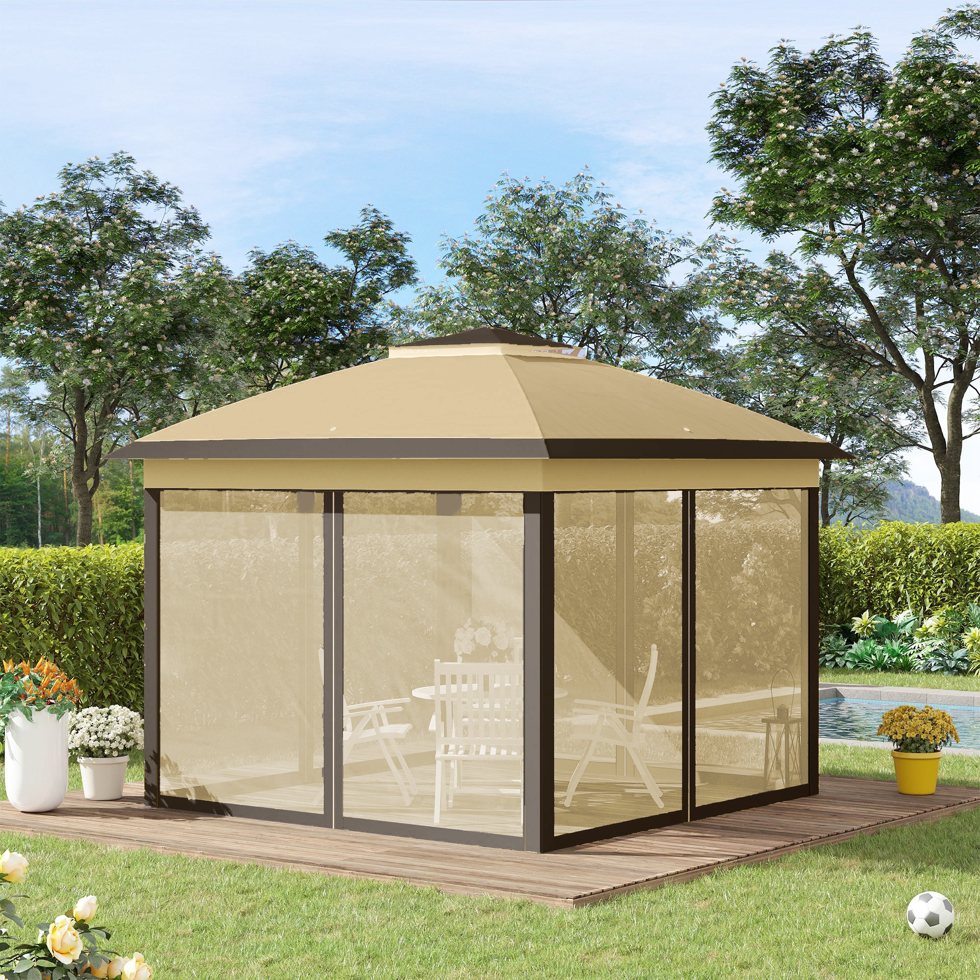 Outsunny Tonnelle Pliante De Jardin 3,3x3,3m Pop-Up Double Toit Avec 4 Moustiquaires Zippées Amovibles - Barnum Extérieur Gris Avec Sac De Transport