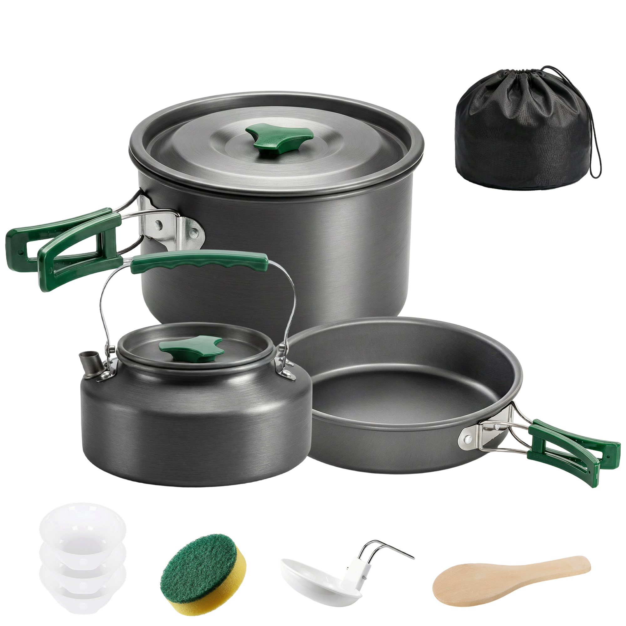 Outsunny Kit de Casseroles Camping en Aluminium 11 Pcs, avec Sac de Rangement et Poignées Anti-Brûlures, Ø19x10cm, Gris