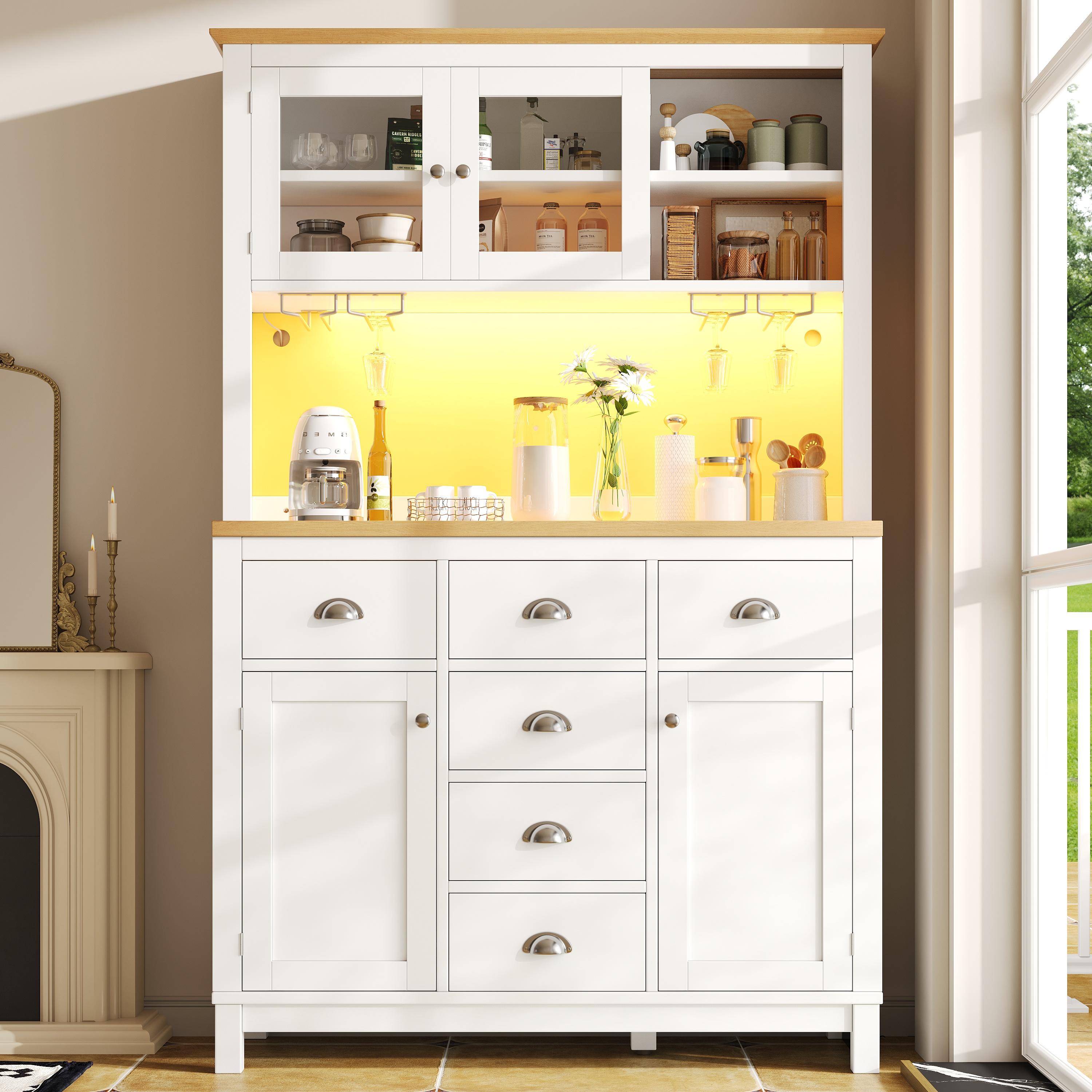 Farmhouse Style Sideboard with Spacious Shelves and Drawers, Versatile Storage Cabinet with Drink Holders, 104L x 40W x 180H cm, White   Aosom UK