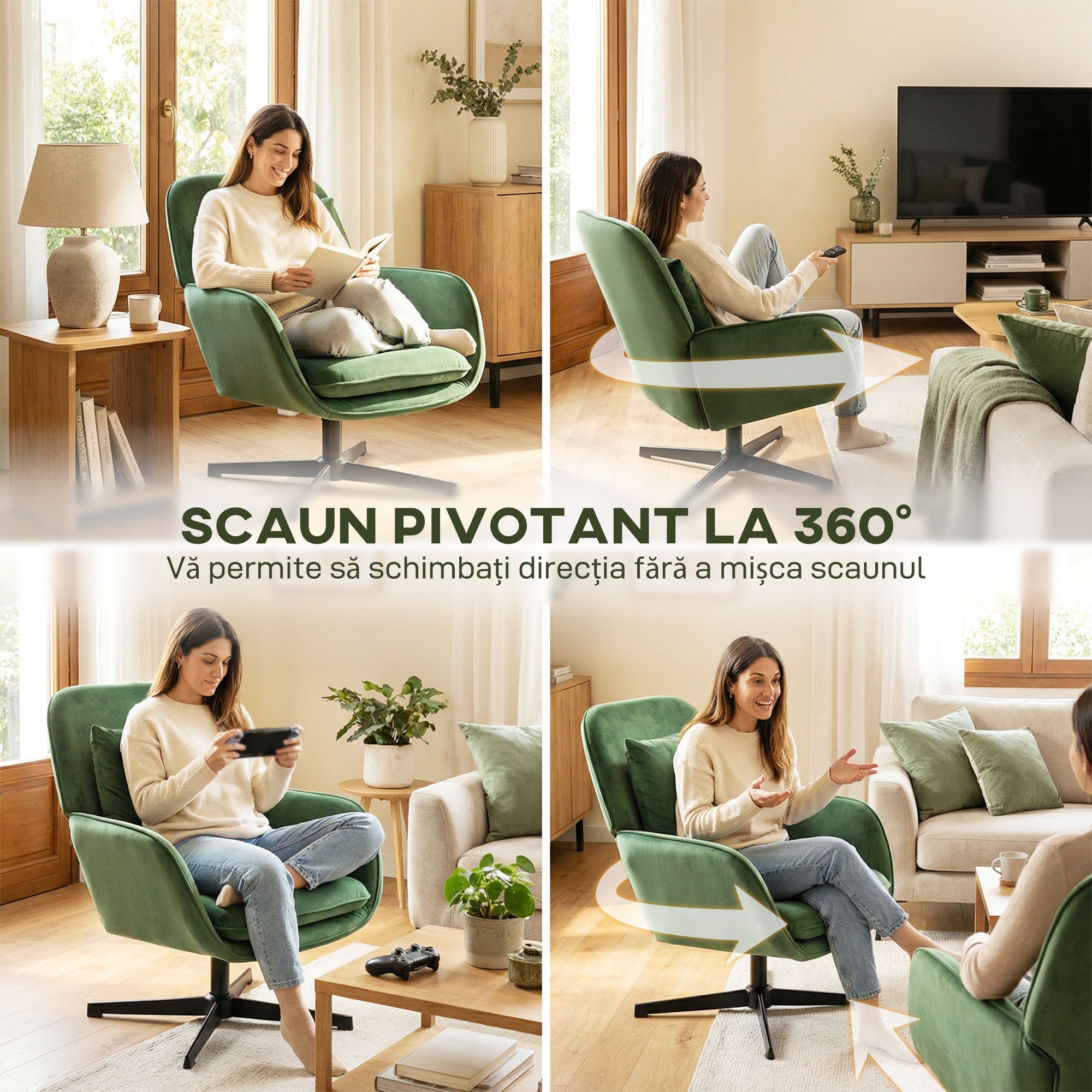  Fotoliu de Salon Rotativ 360° cu Perna Lombara Detasabila, sezut Generos, Fotoliu Tapitat Modern din Catifea cu Cotiere, pentru Living, 73x83.5x85 cm, Verde [6]