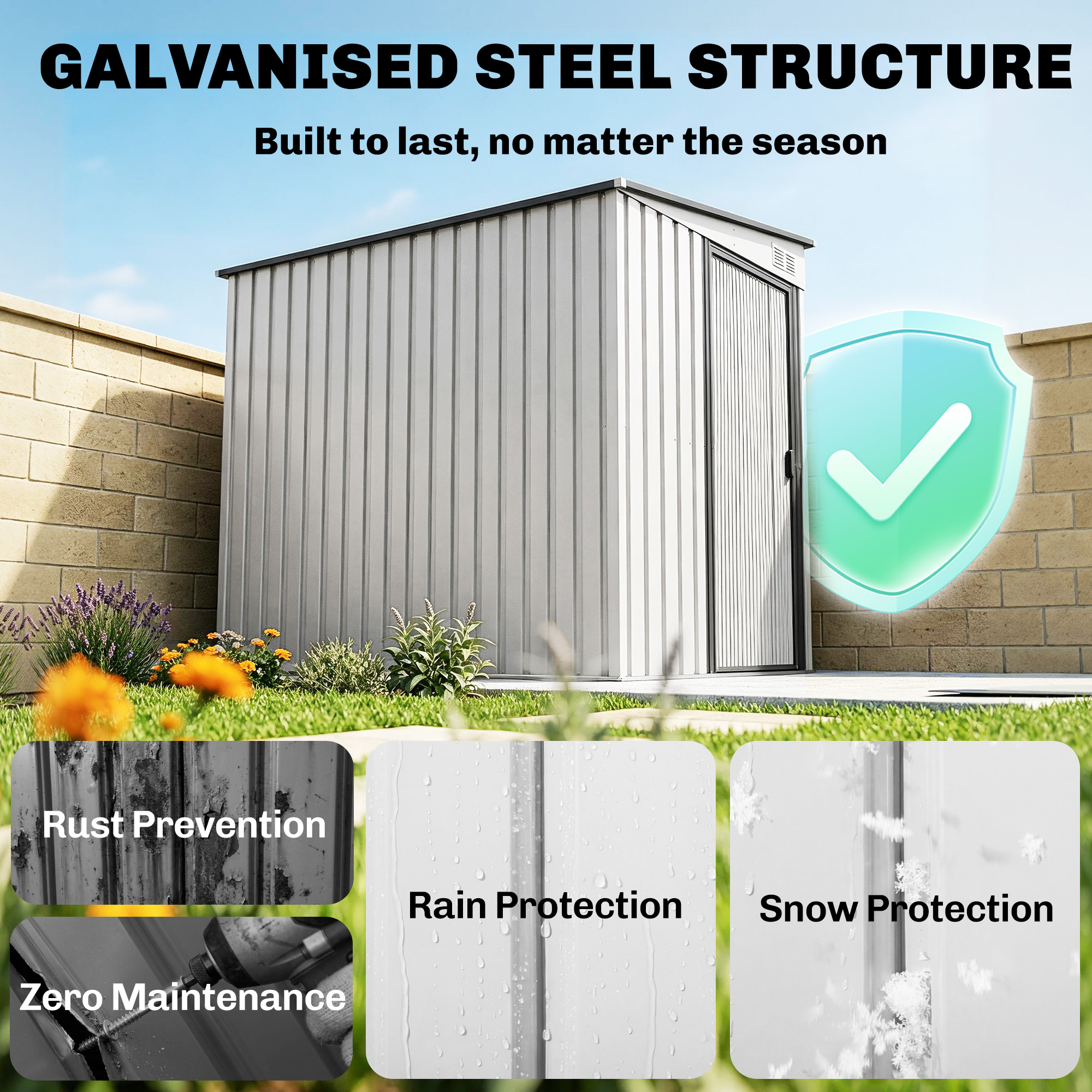  Casuta pentru depozitare unelte din metal 1,5x2m cu baza, usa glisanta si acoperis inclinat, alba [3]